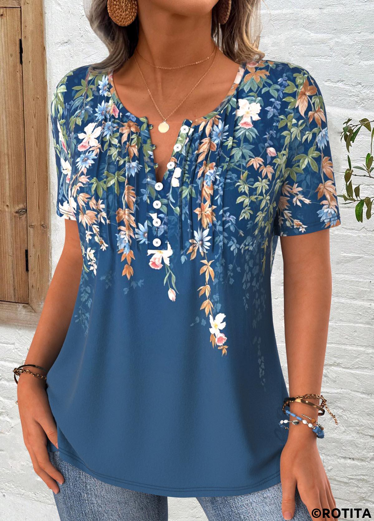 Peacock Blue tops,Floral tops,Plants tops,ROTITA Floral Print Peacock Blue Round Neck T Shirt