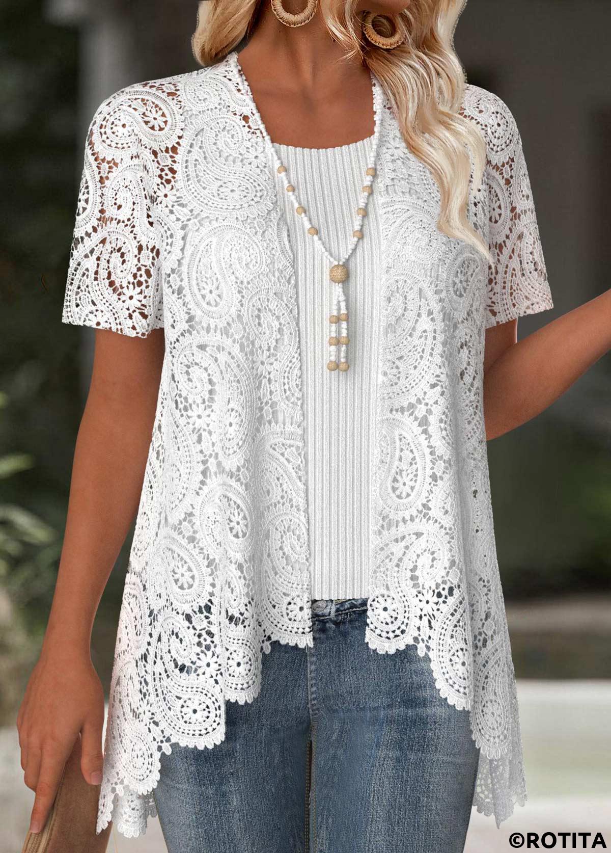 White tops,Plain Color tops,ROTITA White Short Sleeve Embroidery Light Cardigan