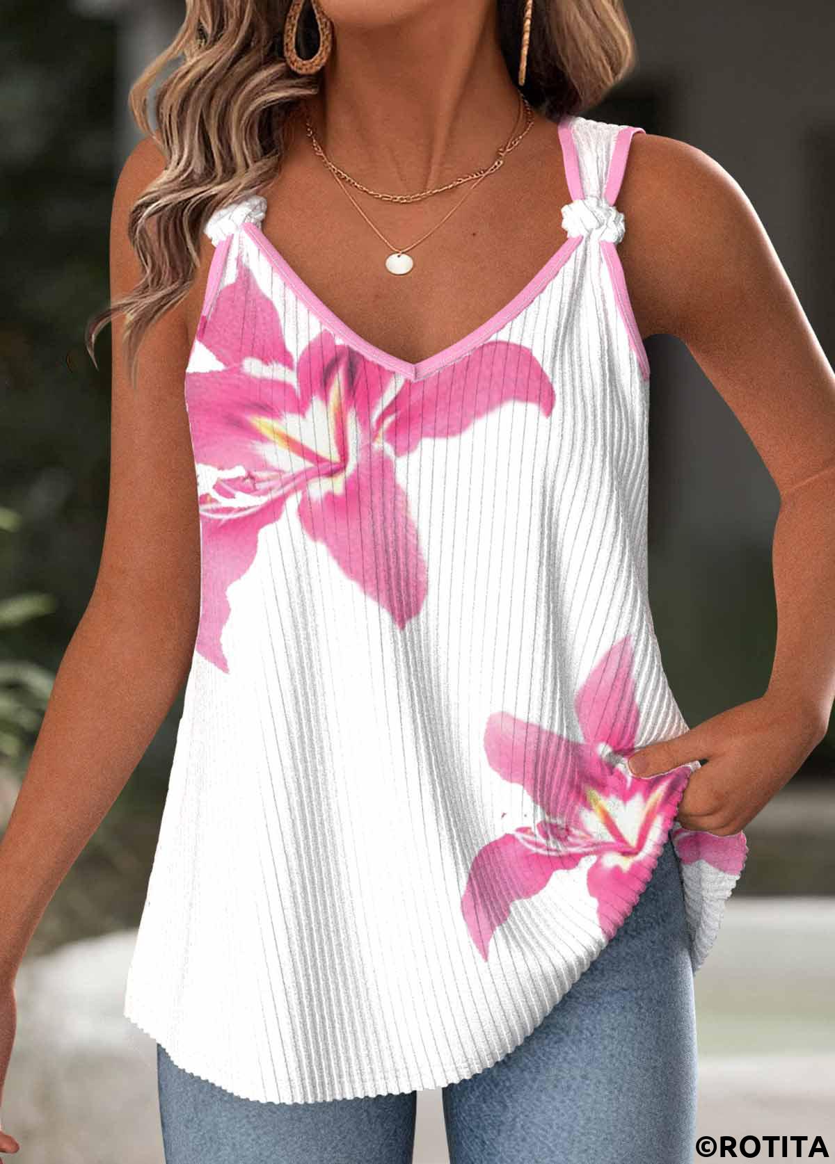 White tops,Floral tops,Plants tops,ROTITA Floral Print White V Neck Strappy Tank Top