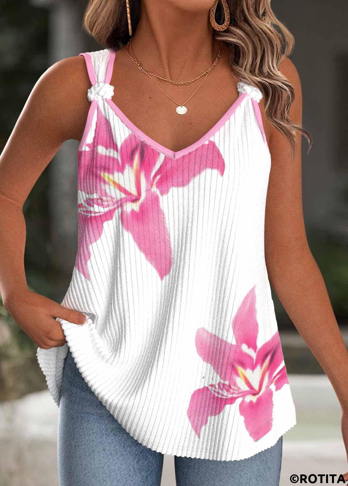 White tops,Floral tops,Plants tops,ROTITA Floral Print White V Neck Strappy Tank Top
