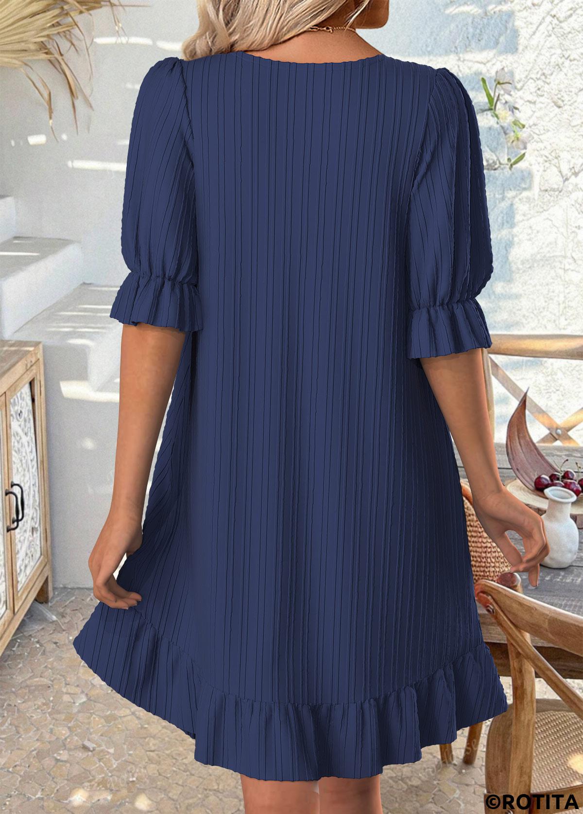 Navy dresses,Plain Color dresses,Everyday dresses,Casual dresses,ROTITA Navy Round Neck Half Sleeve Dress
