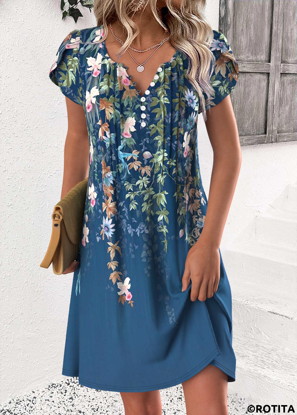 Peacock Blue dresses,Floral dresses,Plants dresses,Everyday dresses,Casual dresses,ROTITA Floral Print Peacock Blue Short Split Neck Dress