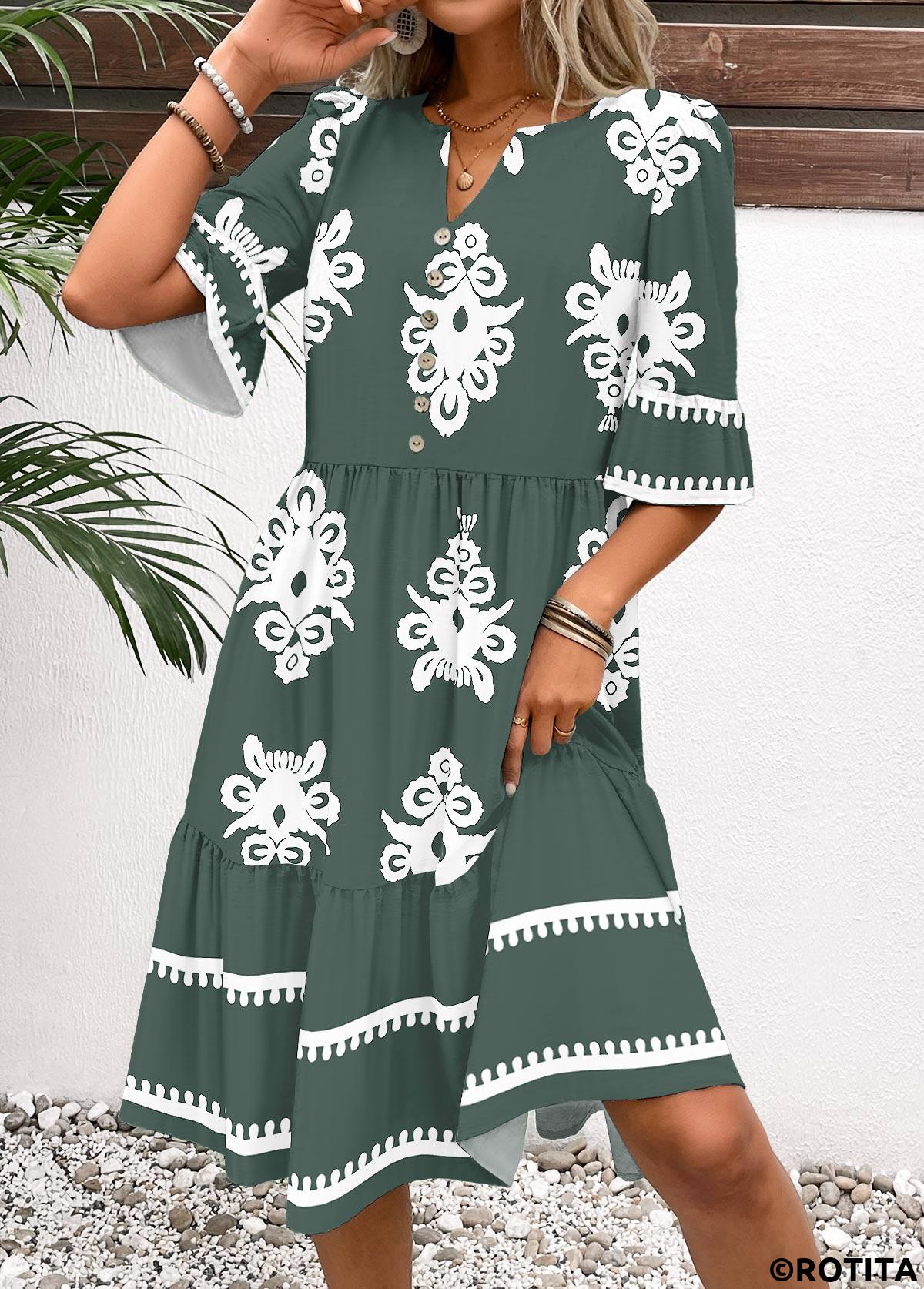 Sage Green dresses,Tribal dresses,Everyday dresses,Casual dresses,ROTITA Tribal Print Sage Green Split Neck Half Sleeve Dress