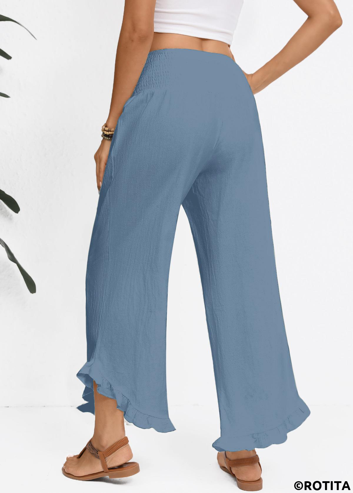 Dusty Blue bottoms,Plain Color bottoms,Dusty Blue Wide Leg Elastic Waist High Waisted Pants