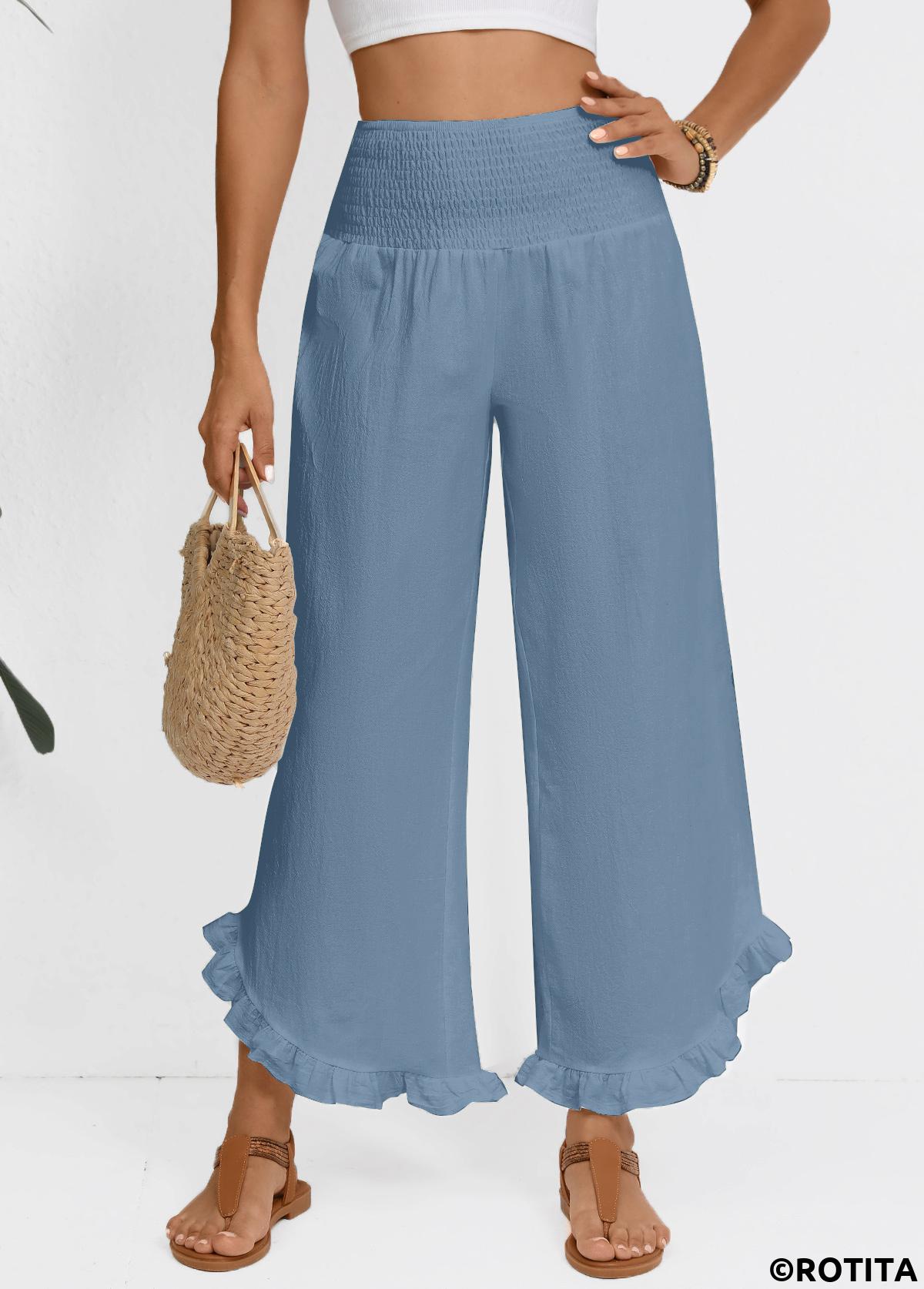 Dusty Blue bottoms,Plain Color bottoms,Dusty Blue Wide Leg Elastic Waist High Waisted Pants