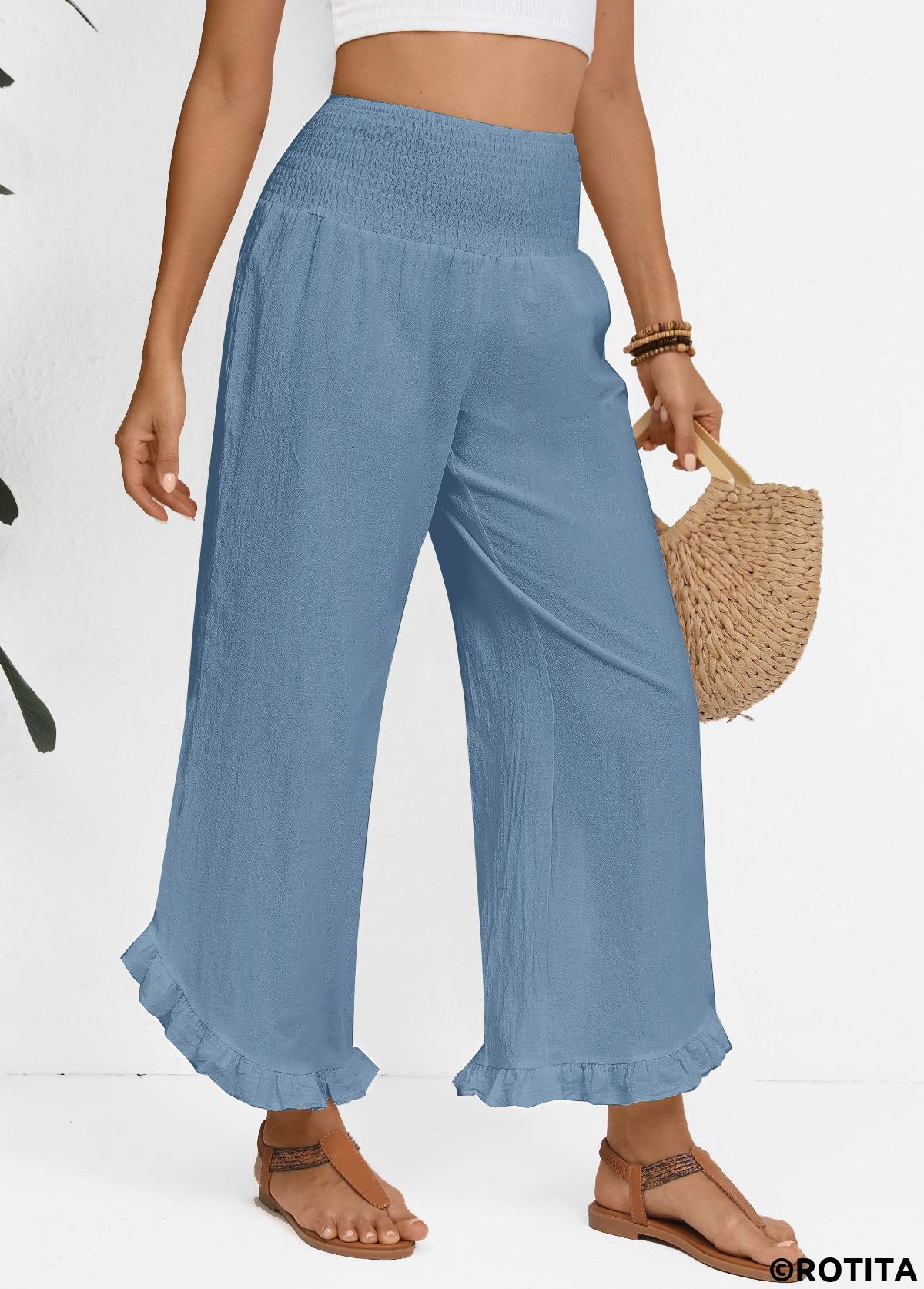 Dusty Blue bottoms,Plain Color bottoms,Dusty Blue Wide Leg Elastic Waist High Waisted Pants