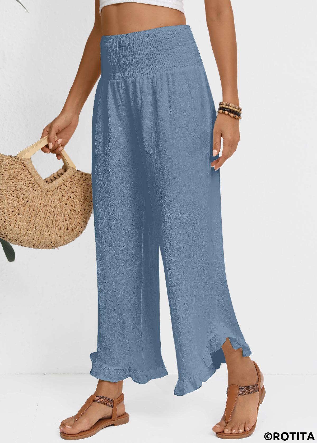Dusty Blue bottoms,Plain Color bottoms,Dusty Blue Wide Leg Elastic Waist High Waisted Pants