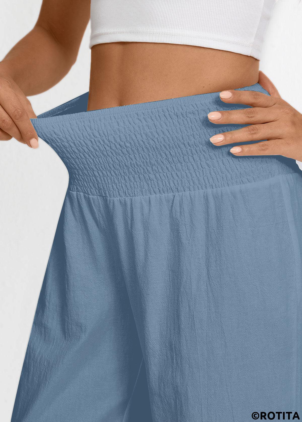 Dusty Blue bottoms,Plain Color bottoms,Dusty Blue Wide Leg Elastic Waist High Waisted Pants