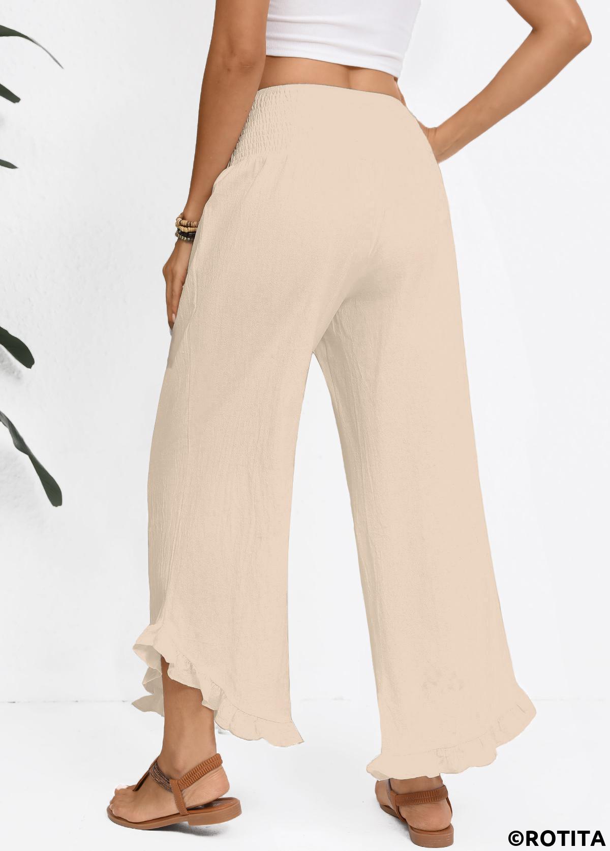 Raw white bottoms,Plain Color bottoms,Raw White Wide Leg Elastic Waist High Waisted Pants