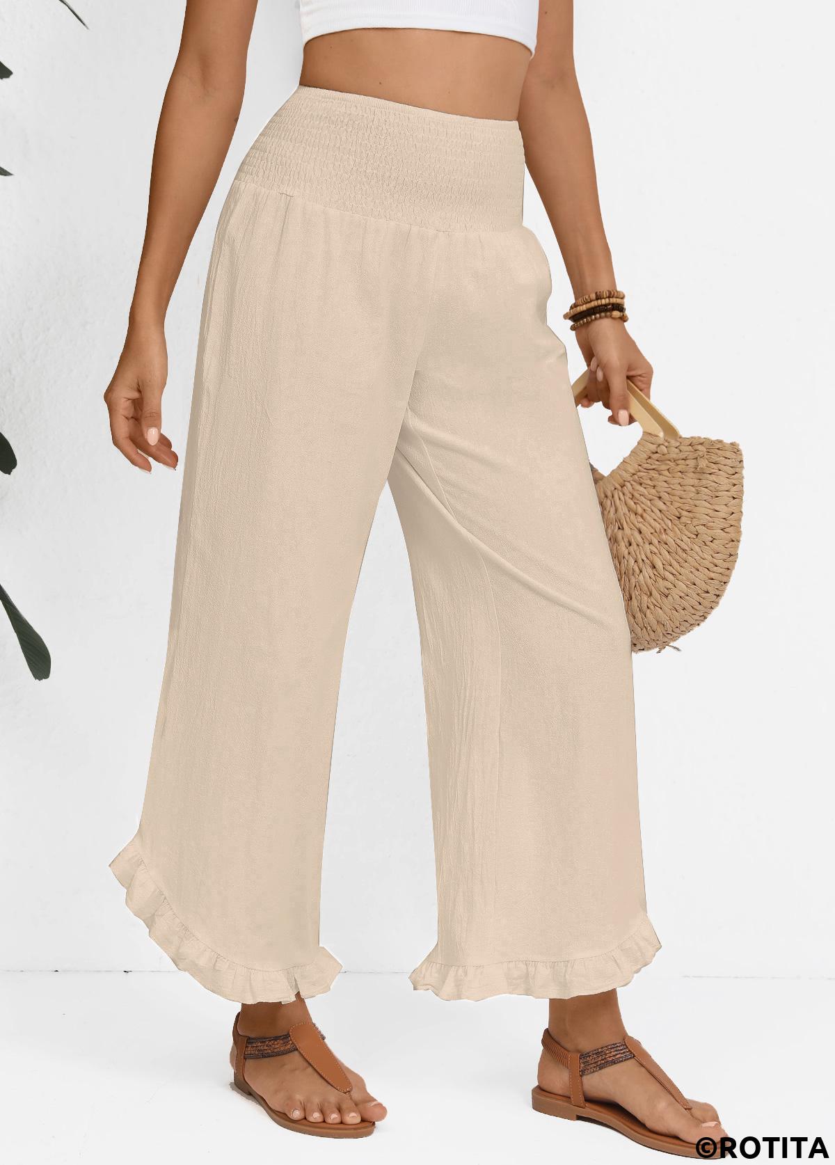 Raw white bottoms,Plain Color bottoms,Raw White Wide Leg Elastic Waist High Waisted Pants