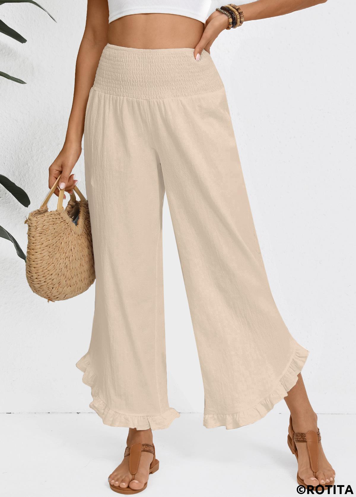 Raw white bottoms,Plain Color bottoms,Raw White Wide Leg Elastic Waist High Waisted Pants