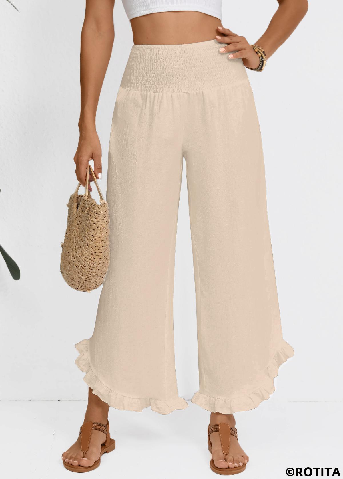 Raw white bottoms,Plain Color bottoms,Raw White Wide Leg Elastic Waist High Waisted Pants