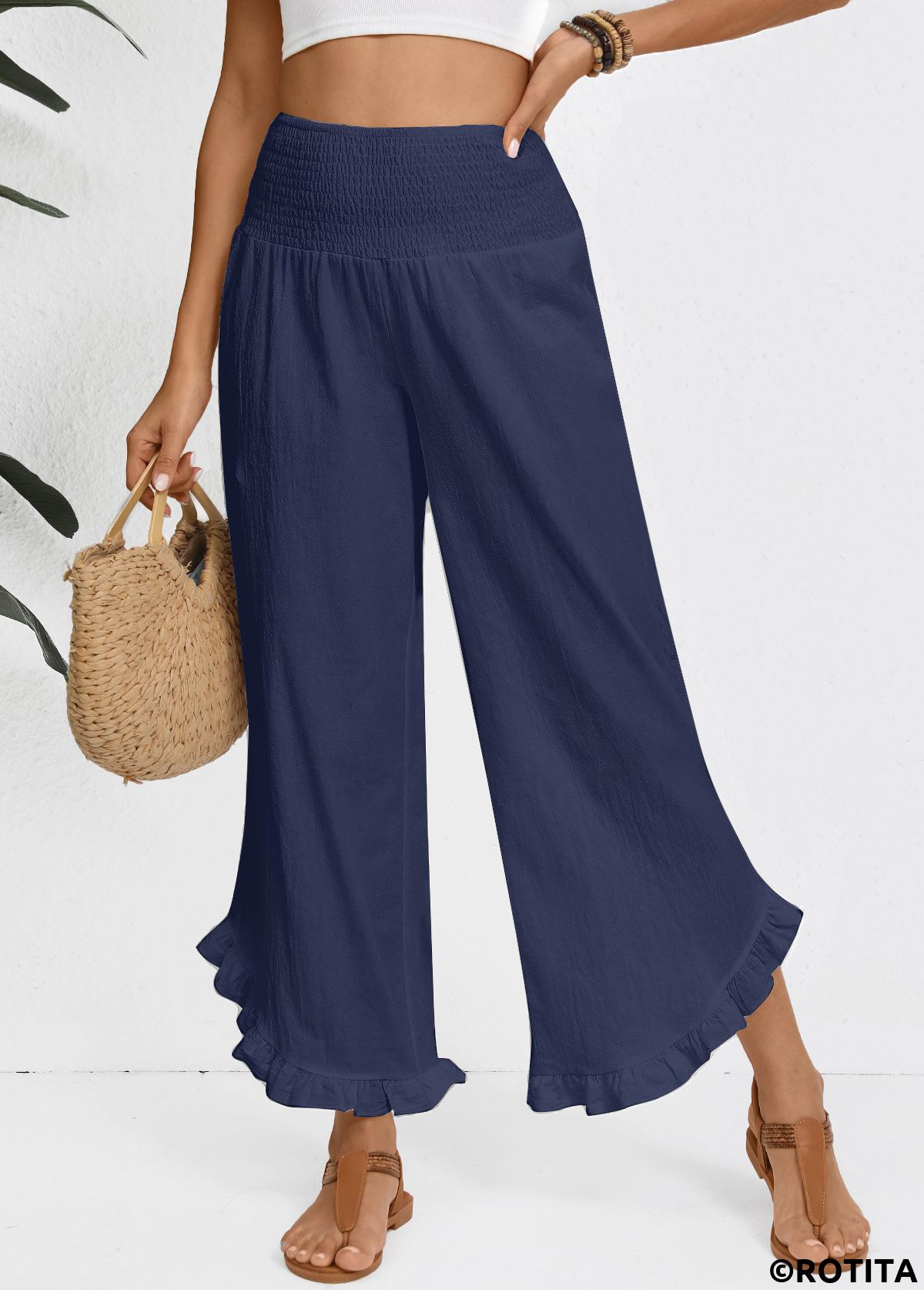 Navy bottoms,Plain Color bottoms,Navy Wide Leg Elastic Waist High Waisted Pants