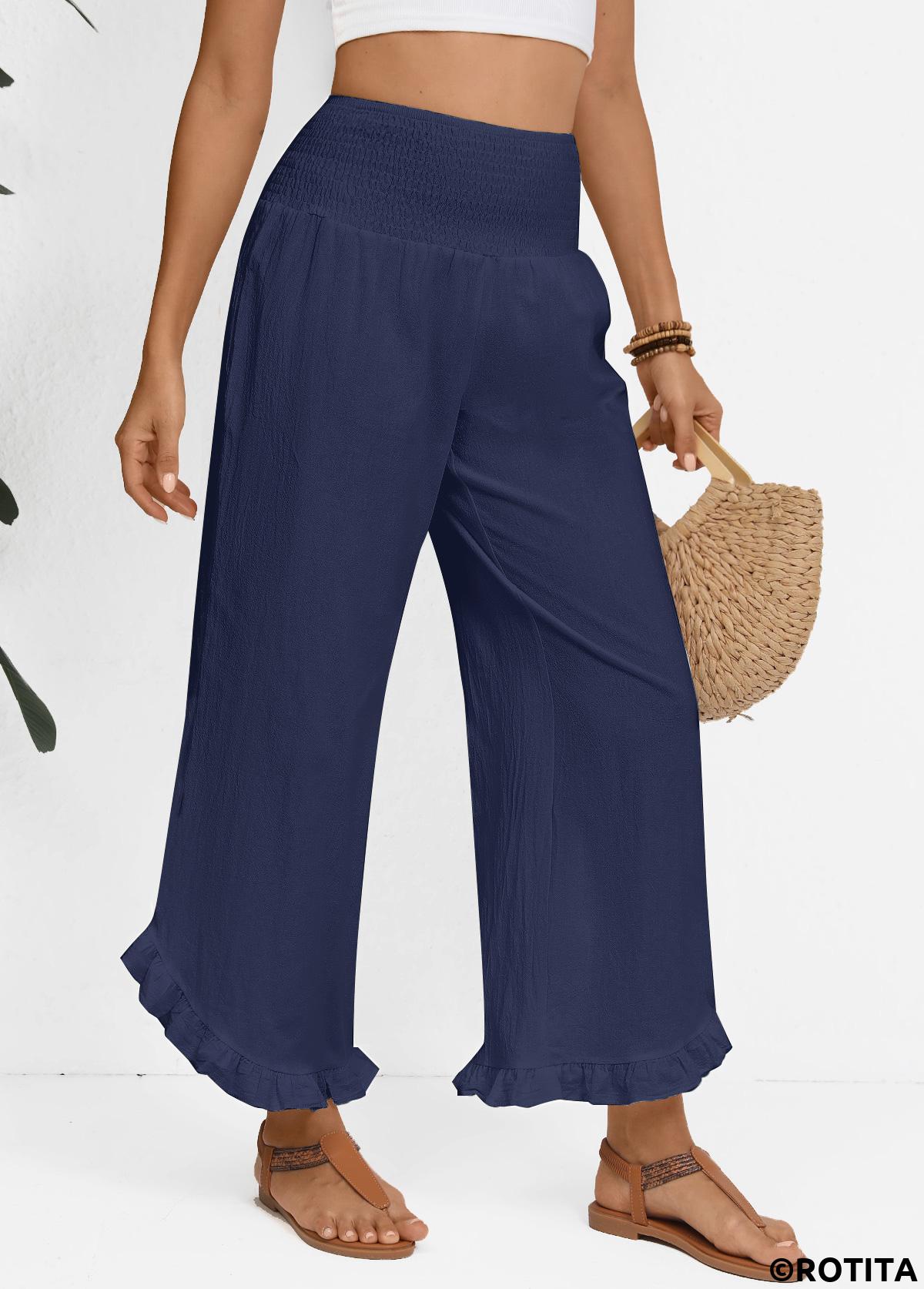 Navy bottoms,Plain Color bottoms,Navy Wide Leg Elastic Waist High Waisted Pants