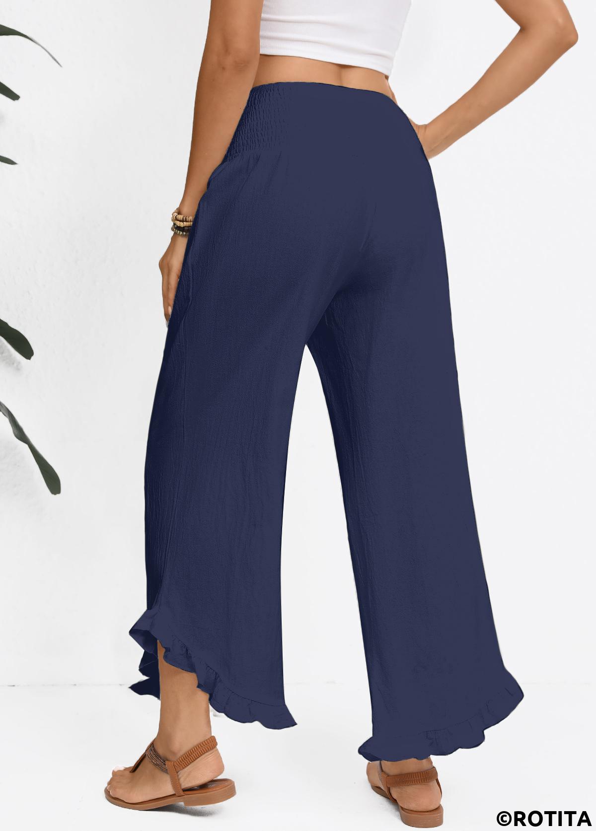 Navy bottoms,Plain Color bottoms,Navy Wide Leg Elastic Waist High Waisted Pants