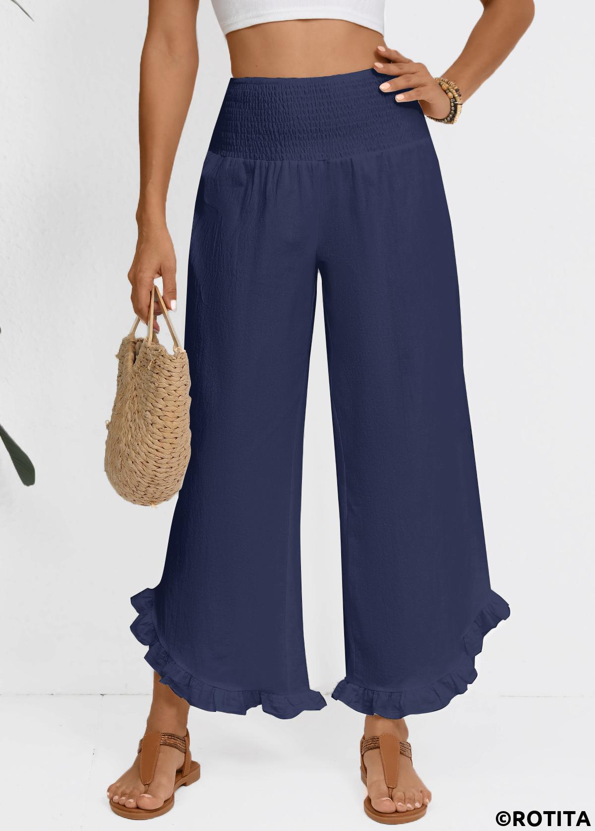 Navy bottoms,Plain Color bottoms,Navy Wide Leg Elastic Waist High Waisted Pants