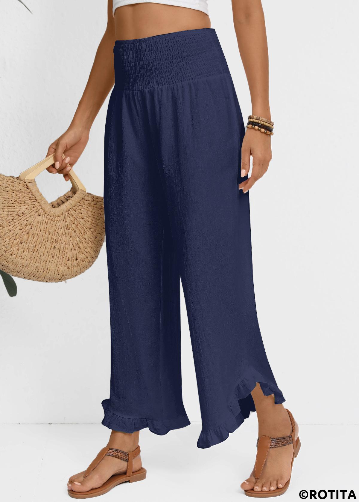 Navy bottoms,Plain Color bottoms,Navy Wide Leg Elastic Waist High Waisted Pants