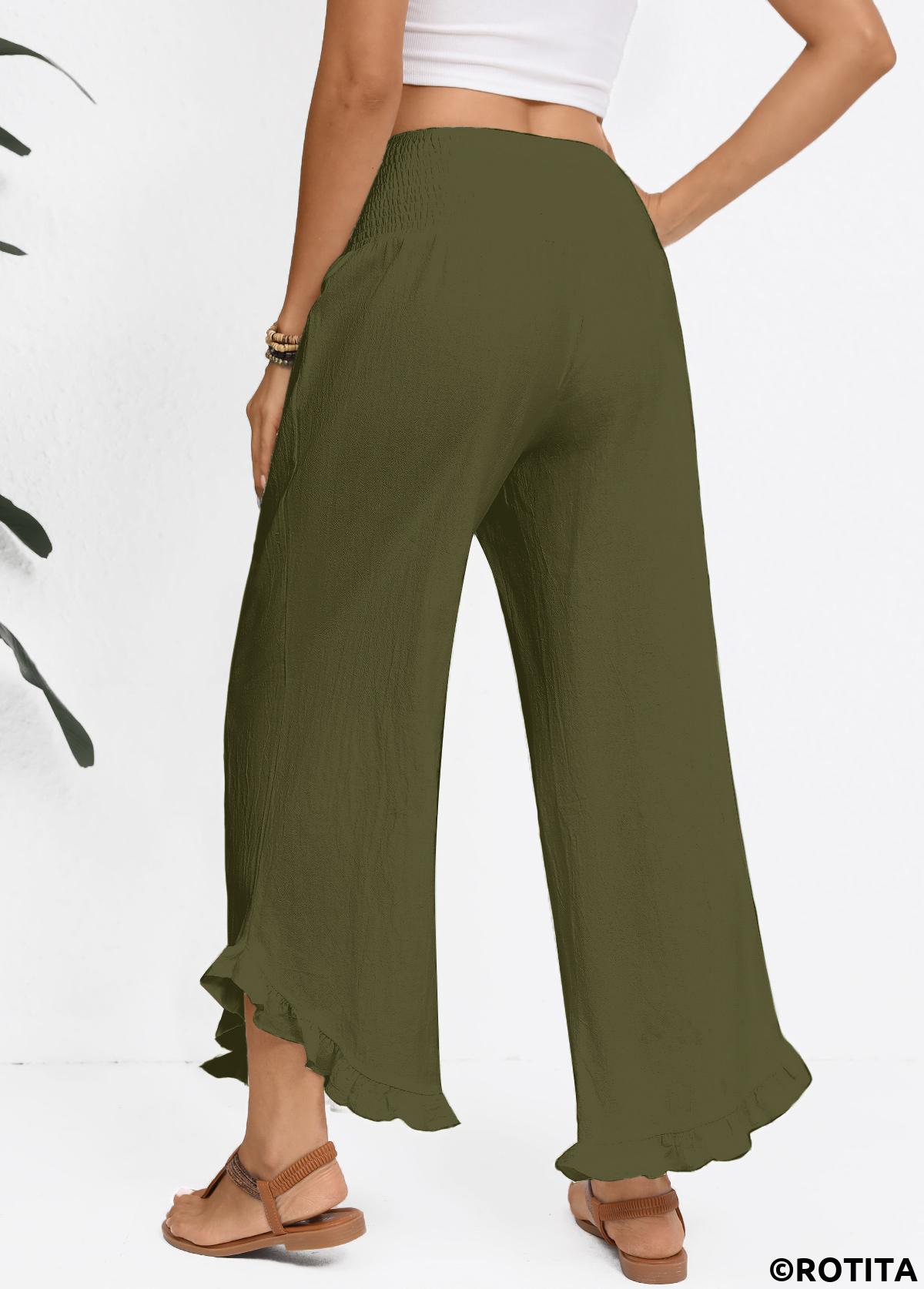 Olive Green bottoms,Plain Color bottoms,Olive Green Wide Leg Elastic Waist High Waisted Pants