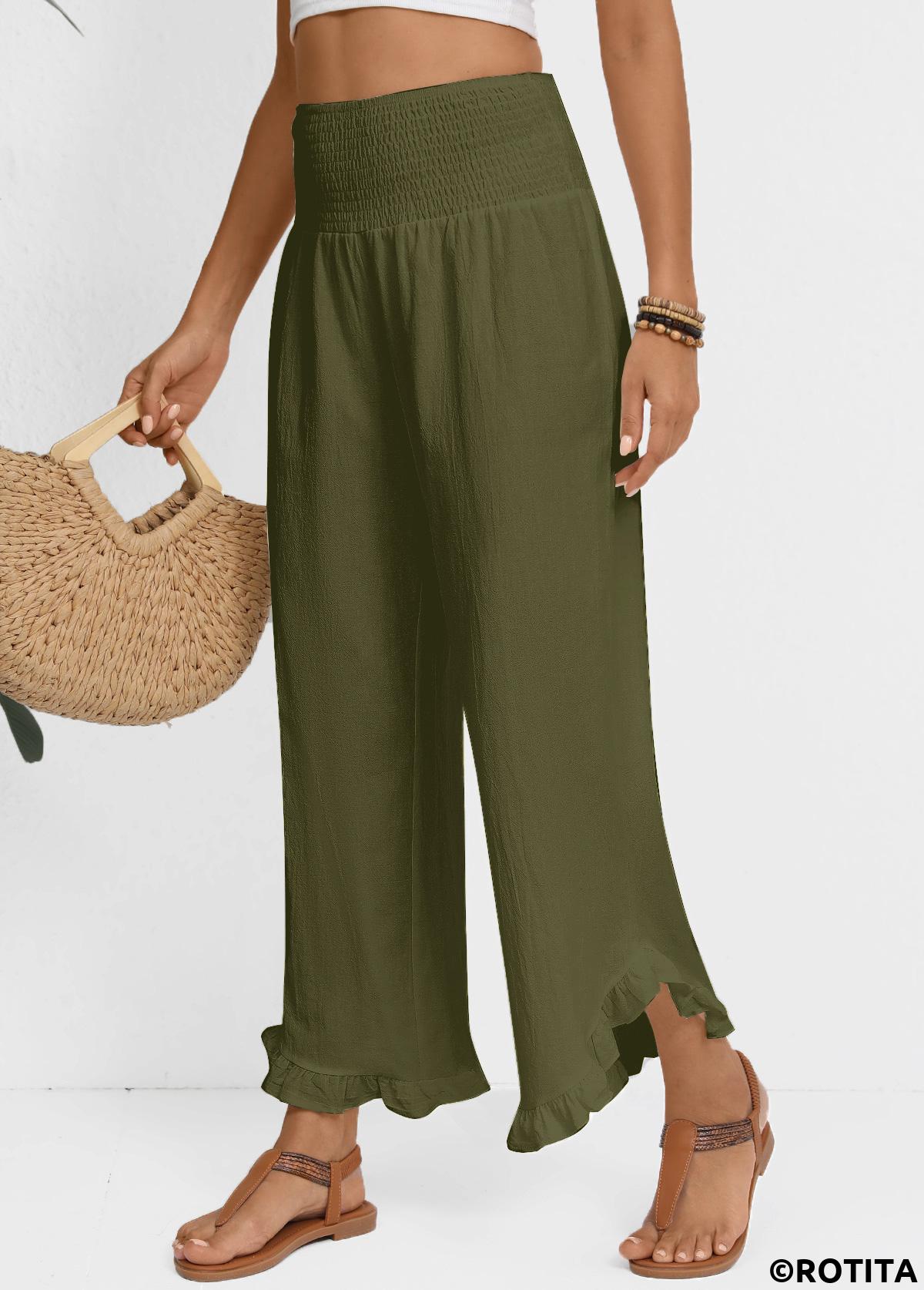 Olive Green bottoms,Plain Color bottoms,Olive Green Wide Leg Elastic Waist High Waisted Pants