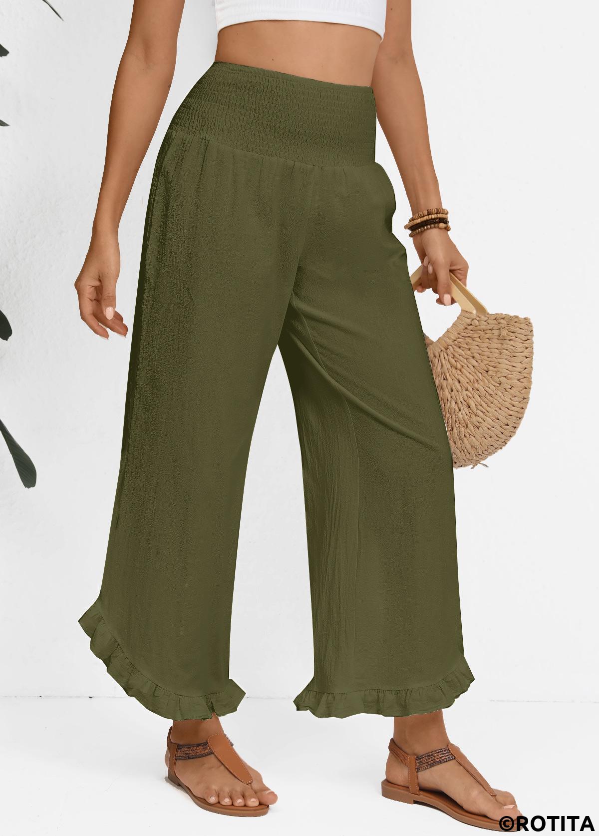 Olive Green bottoms,Plain Color bottoms,Olive Green Wide Leg Elastic Waist High Waisted Pants