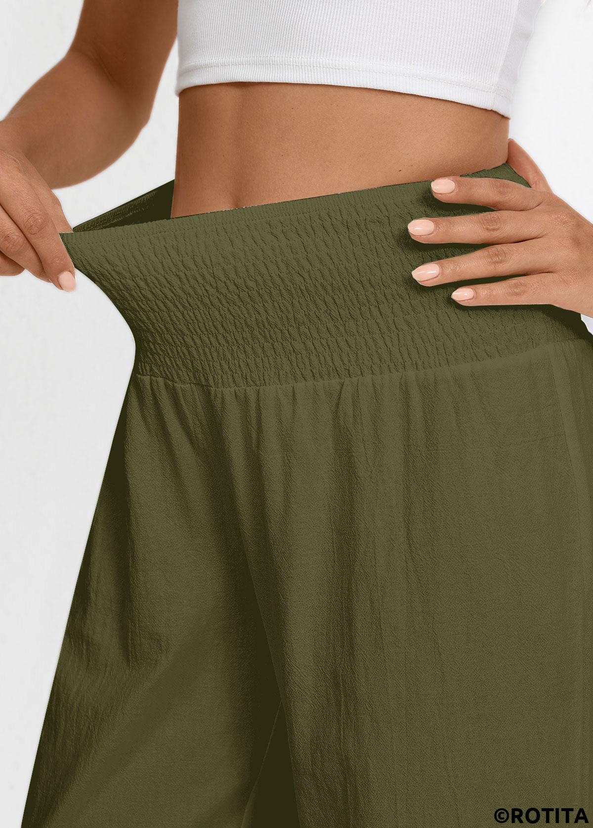 Olive Green bottoms,Plain Color bottoms,Olive Green Wide Leg Elastic Waist High Waisted Pants