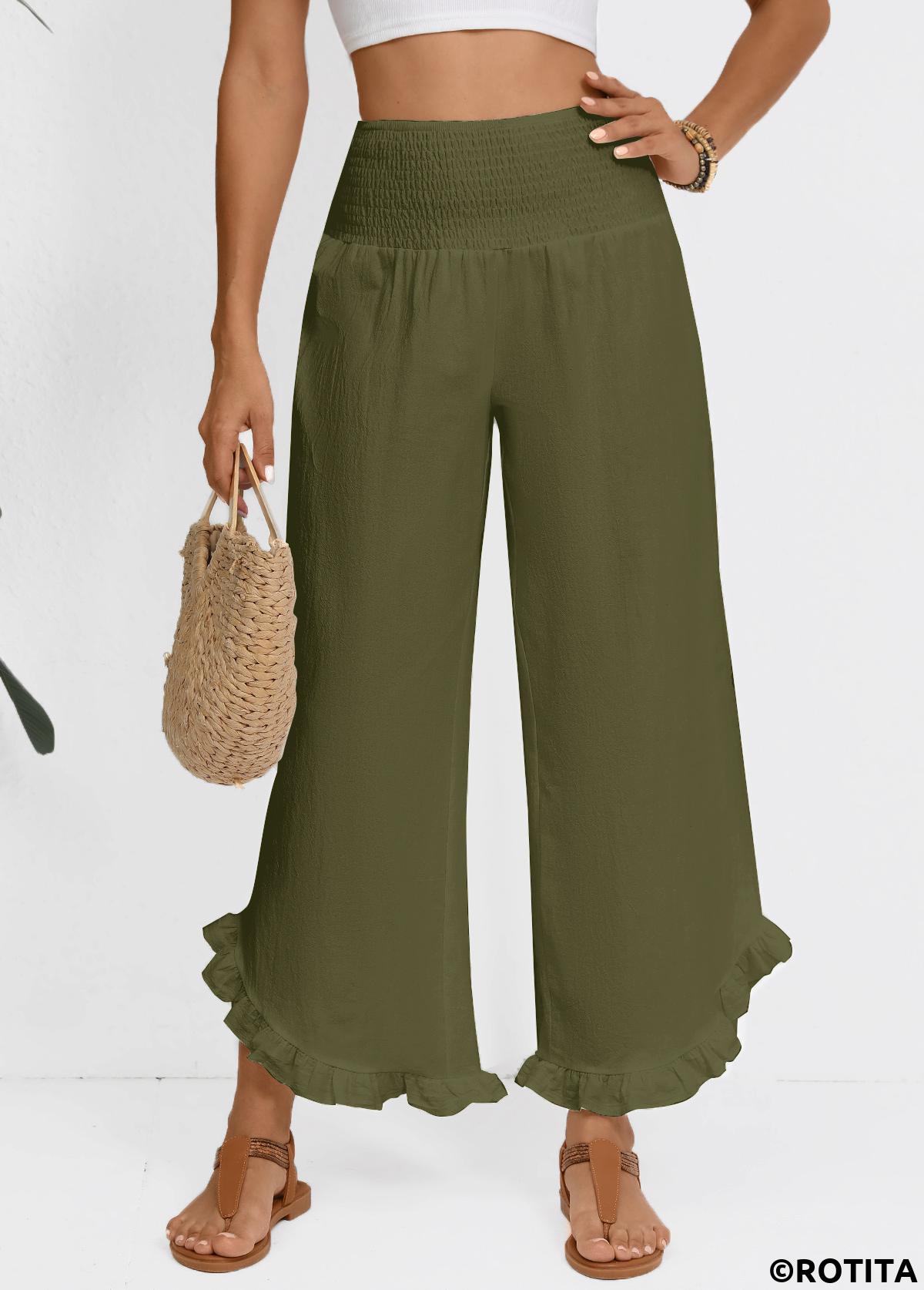 Olive Green bottoms,Plain Color bottoms,Olive Green Wide Leg Elastic Waist High Waisted Pants