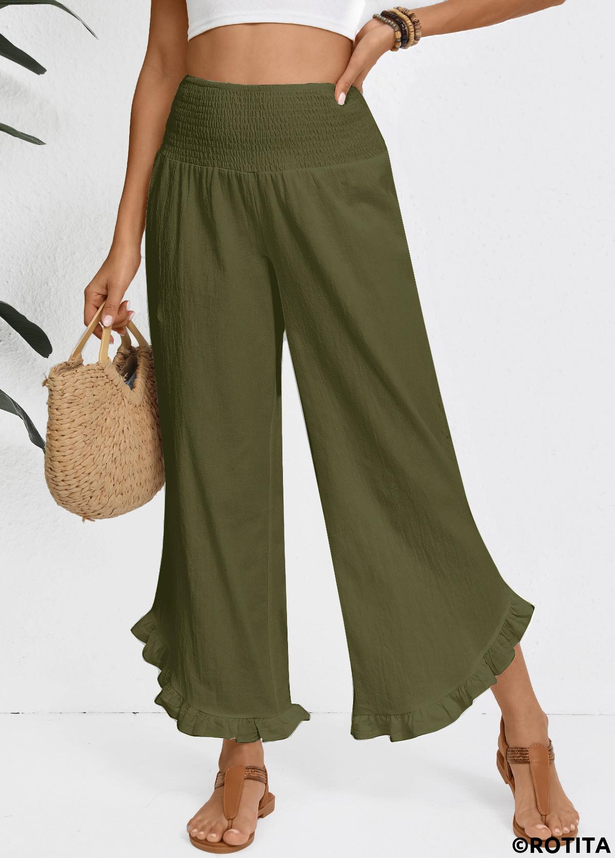 Olive Green bottoms,Plain Color bottoms,Olive Green Wide Leg Elastic Waist High Waisted Pants