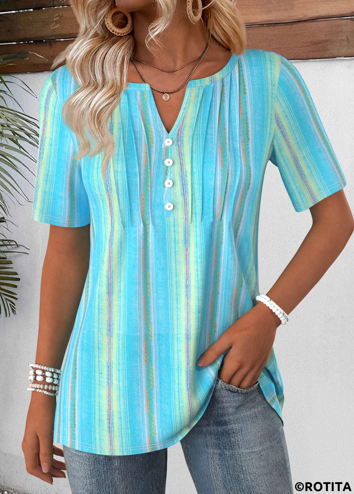 Blue tops,Geometric tops,ROTITA Geometric Print Blue Split Neck Short Sleeve T Shirt