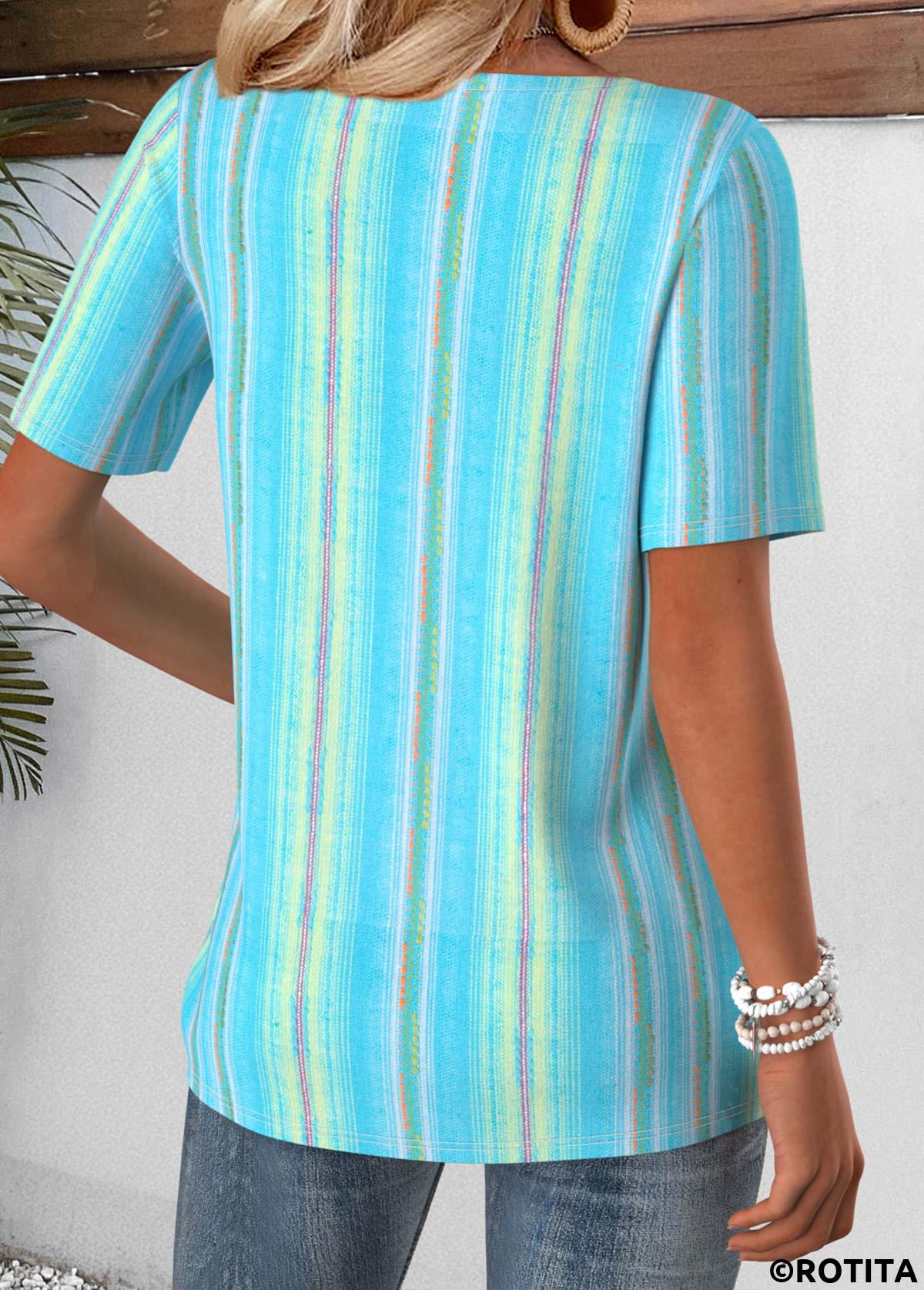 Blue tops,Geometric tops,ROTITA Geometric Print Blue Split Neck Short Sleeve T Shirt