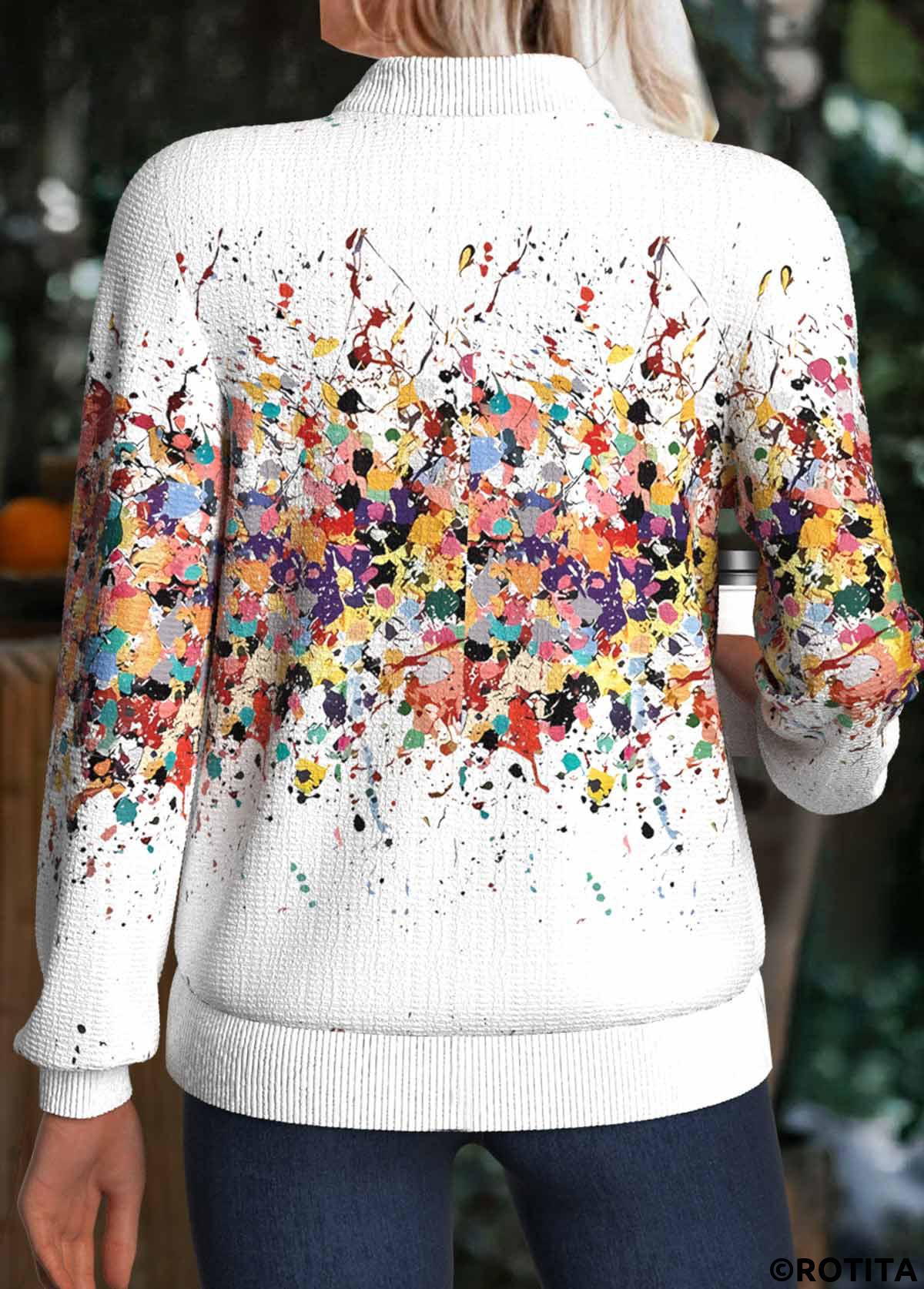 White tops,Ombre tops,ROTITA Ombre White Stand Collar Long Sleeve Track Jacket