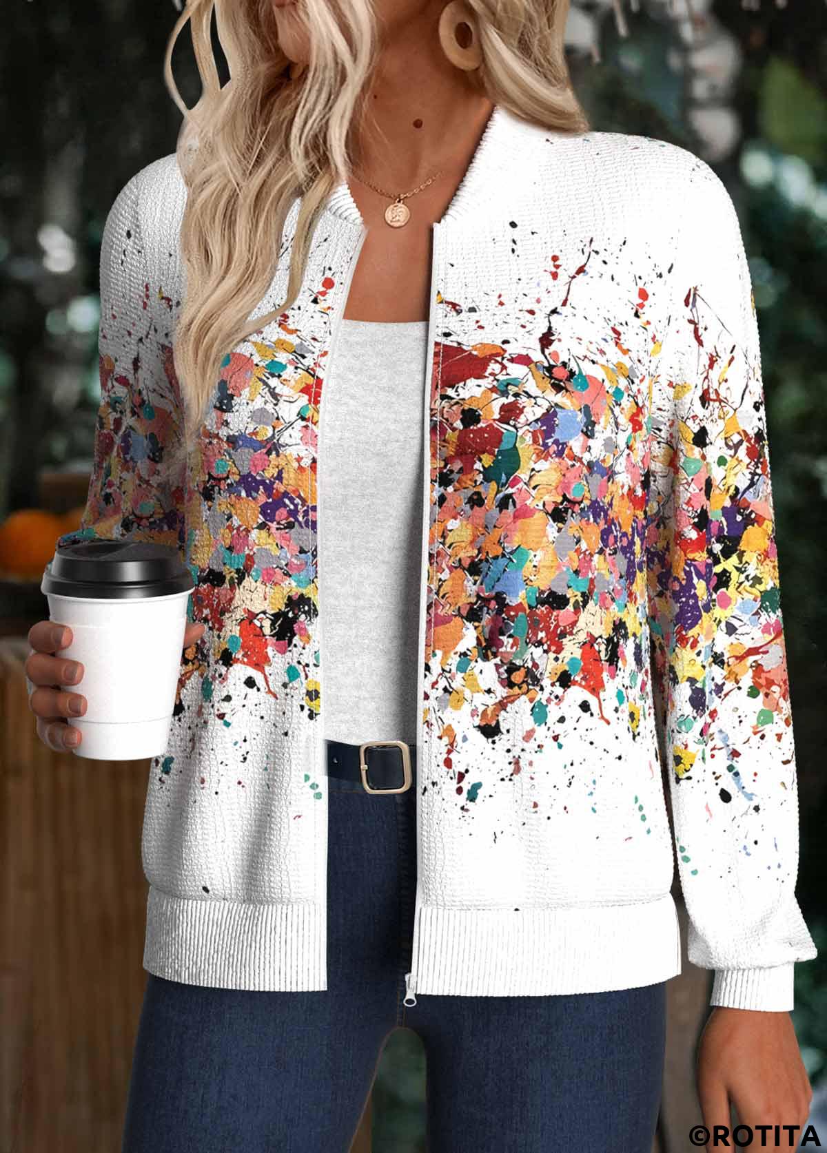 White tops,Ombre tops,ROTITA Ombre White Stand Collar Long Sleeve Track Jacket