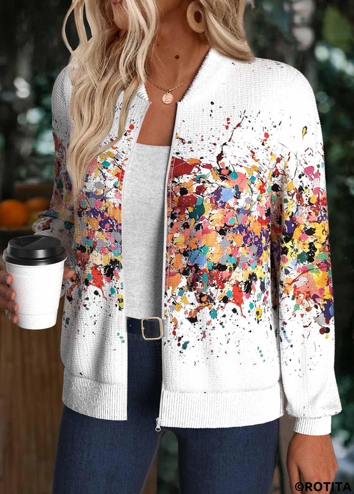 White tops,Ombre tops,ROTITA Ombre White Stand Collar Long Sleeve Track Jacket