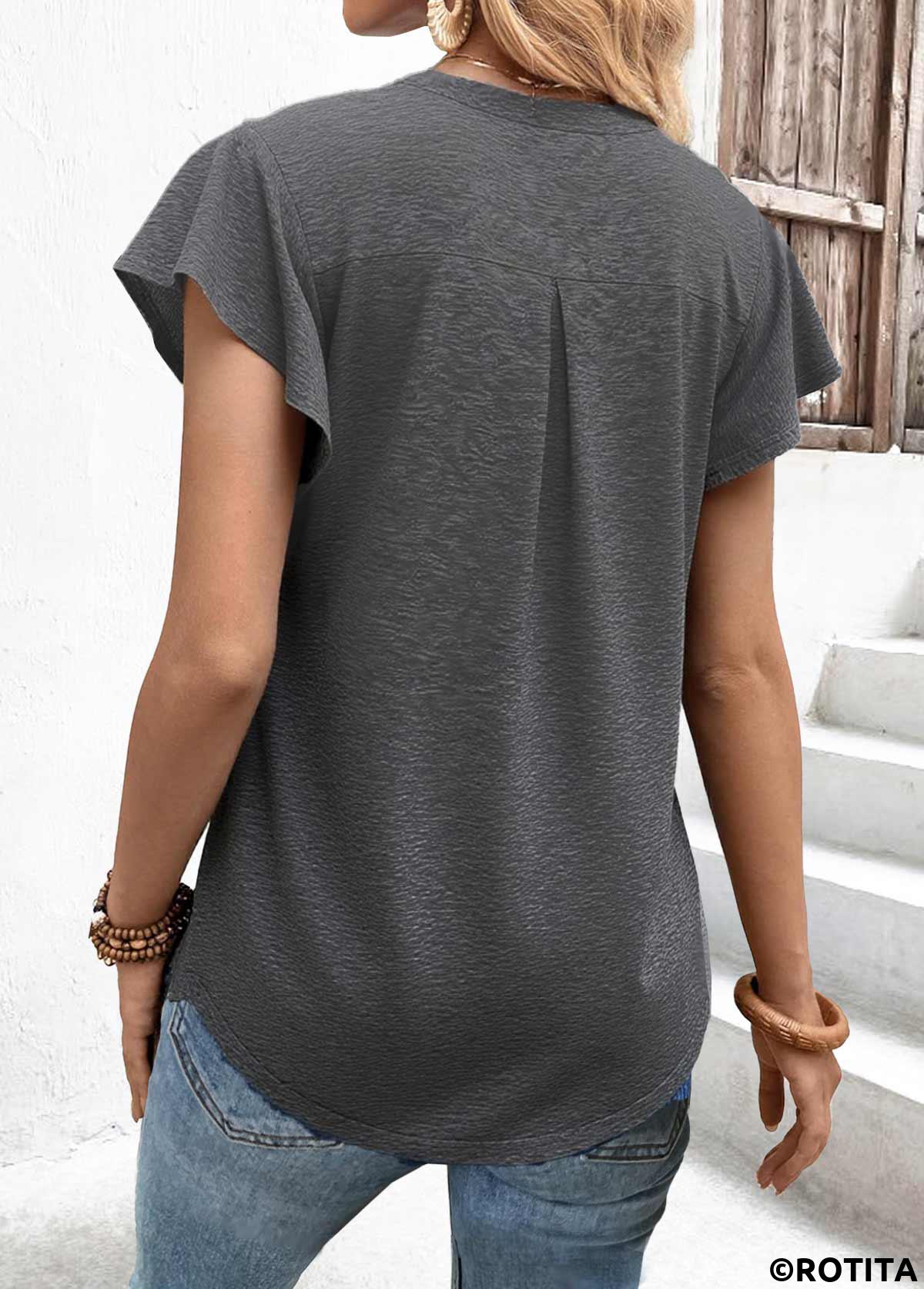 Dark Grey Marl tops,Plain Color tops,ROTITA Dark Grey Marl Split Neck Short Sleeve T Shirt
