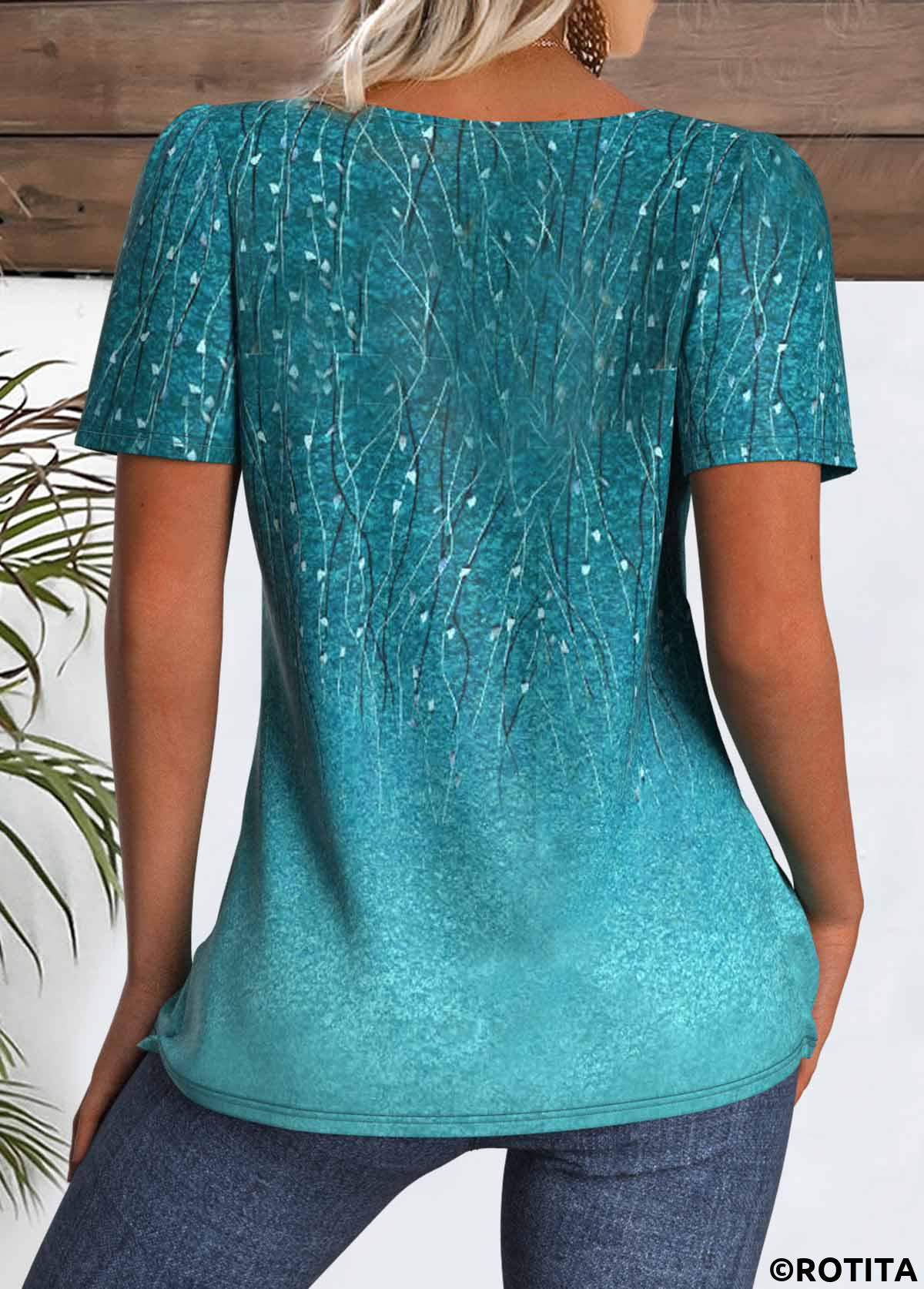 Peacock Blue tops,Plants tops,ROTITA Leaf Print Peacock Blue Square Neck T Shirt