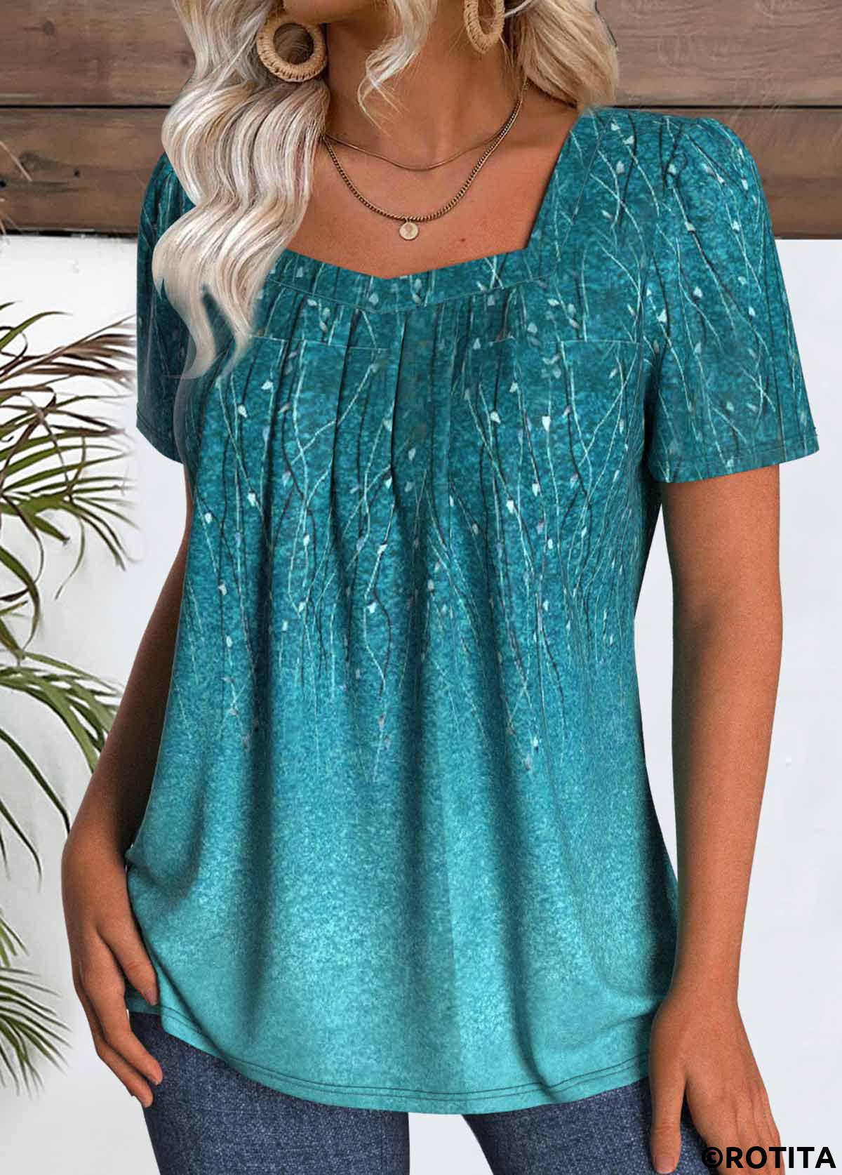 Peacock Blue tops,Plants tops,ROTITA Leaf Print Peacock Blue Square Neck T Shirt