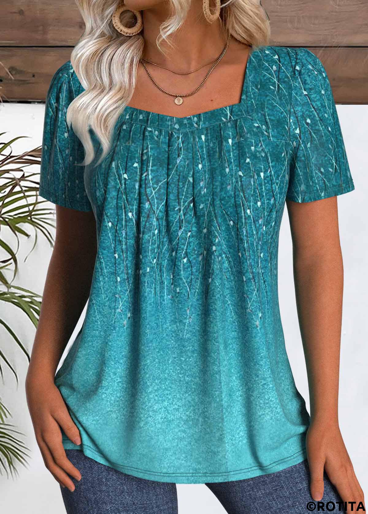 Peacock Blue tops,Plants tops,ROTITA Leaf Print Peacock Blue Square Neck T Shirt