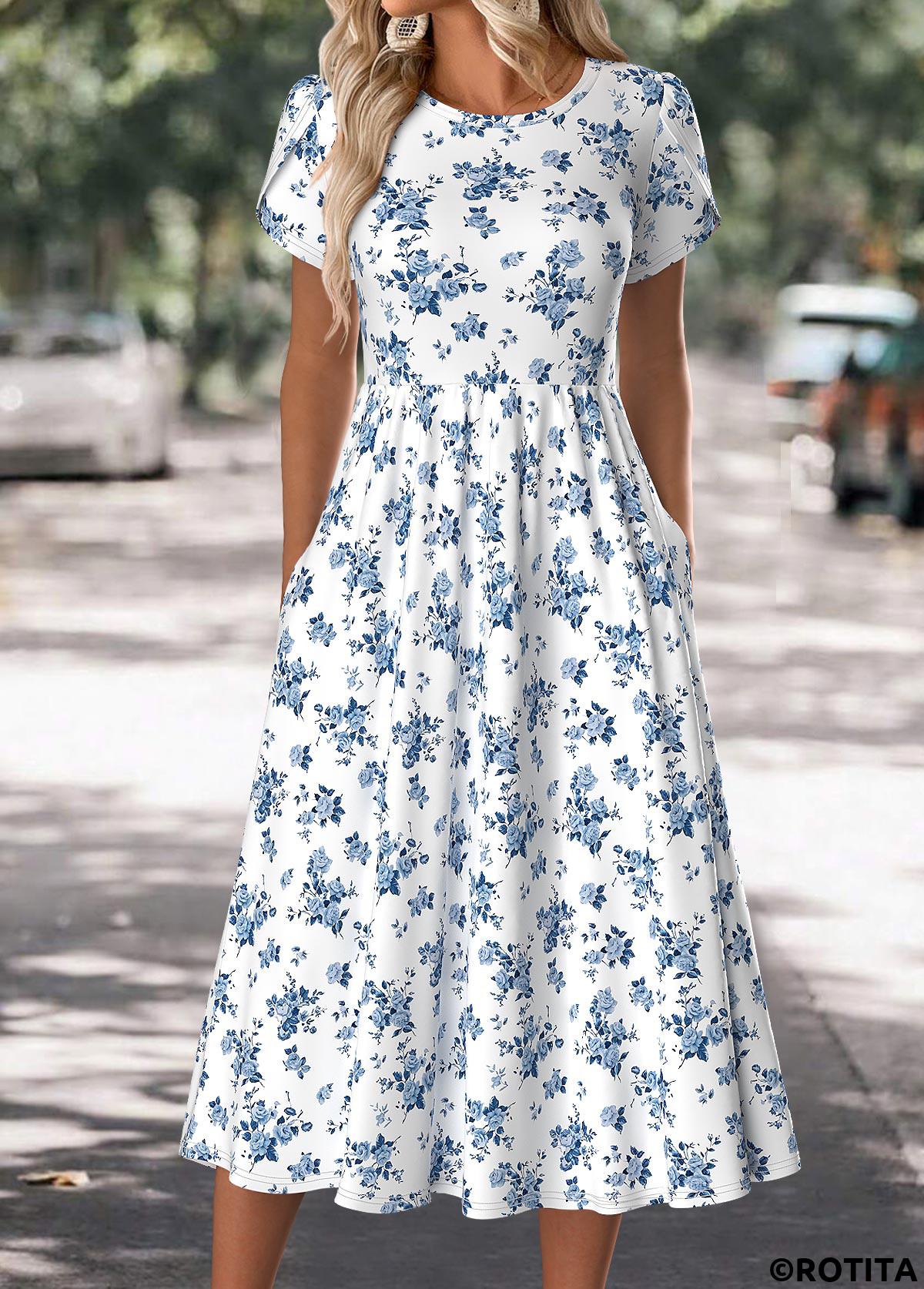 White dresses,Floral dresses,Plants dresses,Everyday dresses,Casual dresses,ROTITA Floral Print White Round Neck Short Sleeve Dress