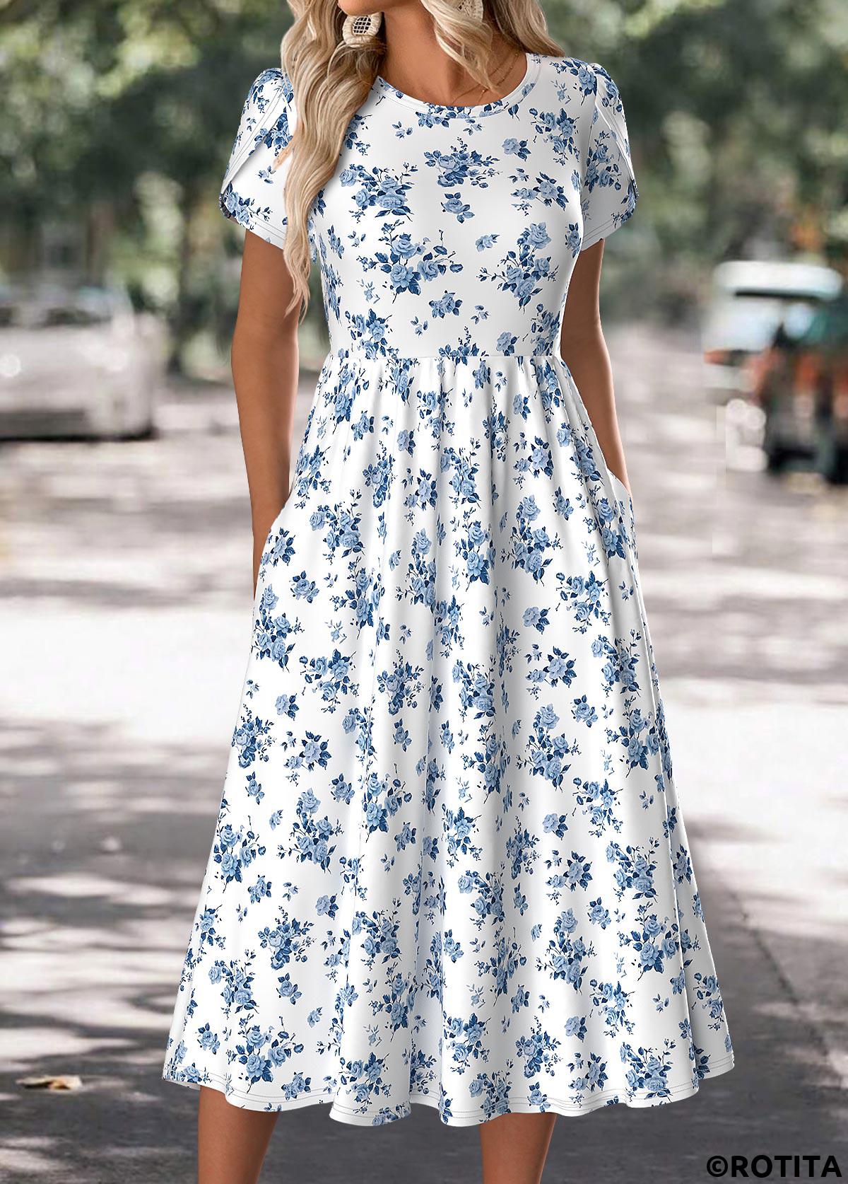 White dresses,Floral dresses,Plants dresses,Everyday dresses,Casual dresses,ROTITA Floral Print White Round Neck Short Sleeve Dress
