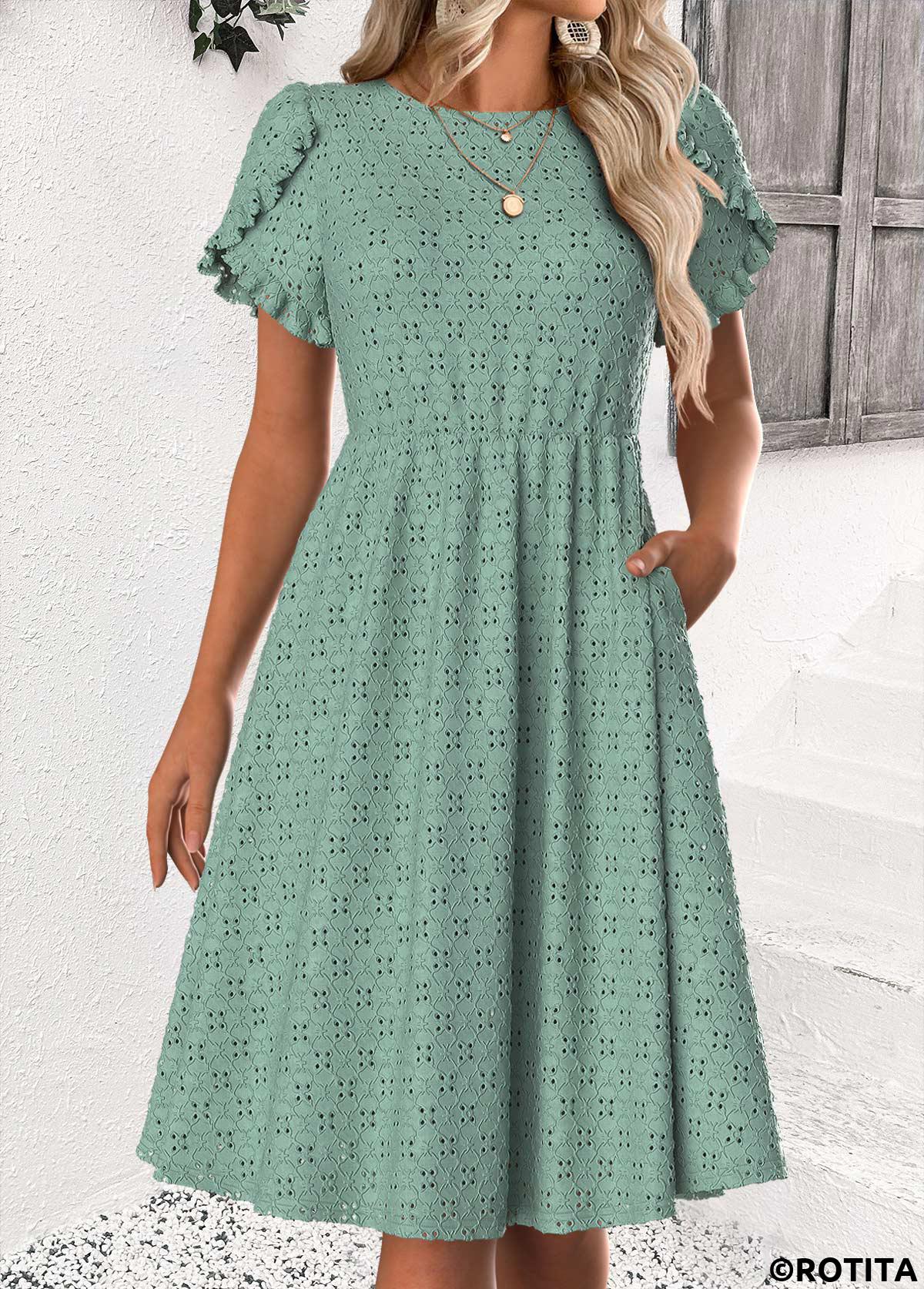 Sage Green dresses,Plain Color dresses,Everyday dresses,Casual dresses,ROTITA Sage Green Round Neck Short Sleeve Dress