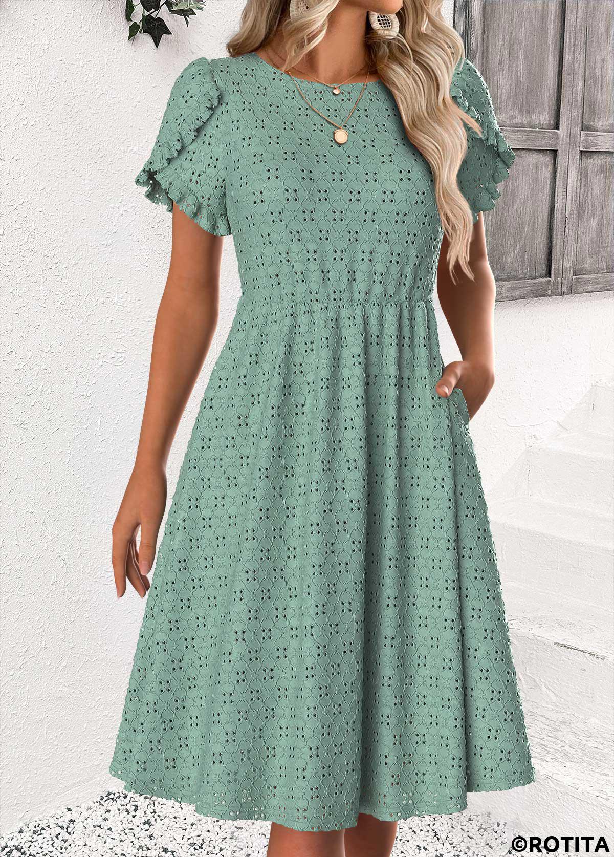 Sage Green dresses,Plain Color dresses,Everyday dresses,Casual dresses,ROTITA Sage Green Round Neck Short Sleeve Dress