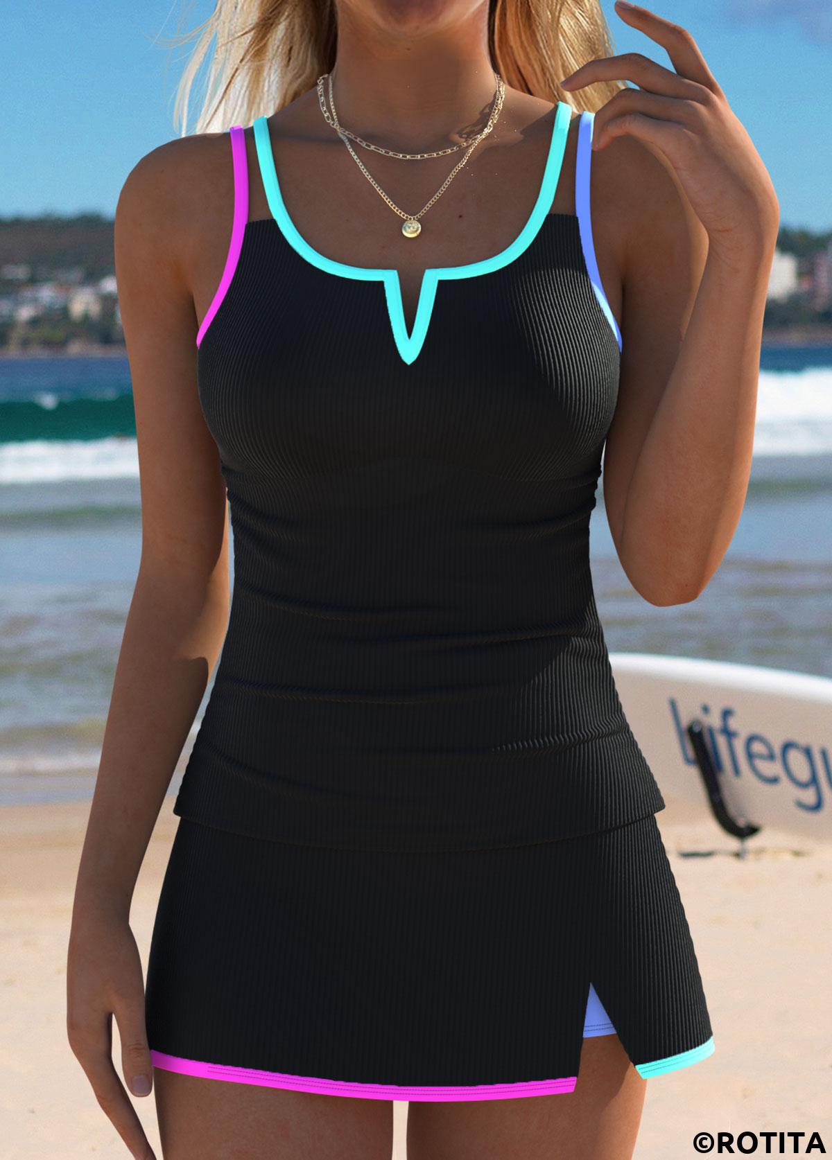 Black swimwear,Contrast Color swimwear,ROTITA Black Mid Waisted Contrast Piping Tankini Set