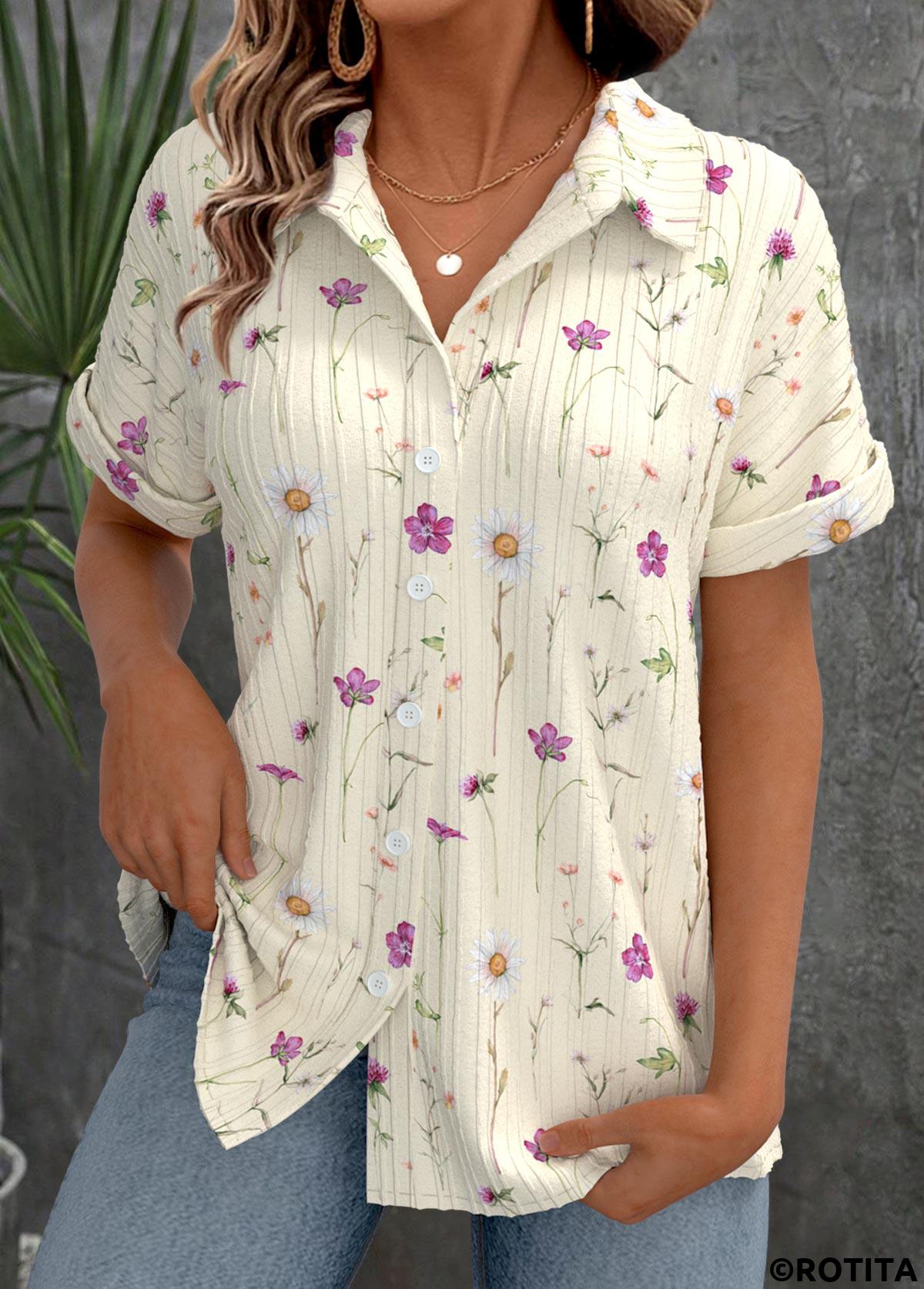 Beige tops,Ditsy Floral tops,ROTITA Ditsy Floral Print Beige Shirt Collar Short Sleeve Blouse