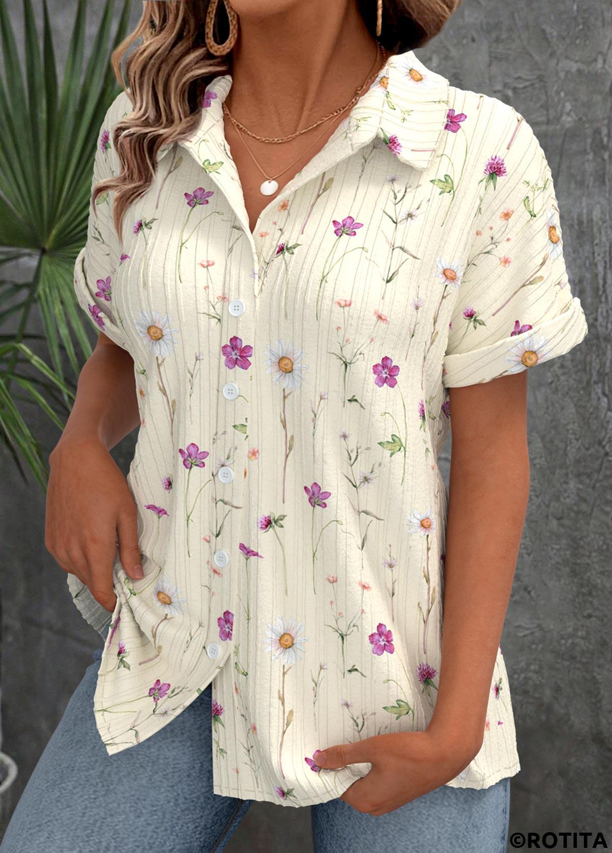 Beige tops,Ditsy Floral tops,ROTITA Ditsy Floral Print Beige Shirt Collar Short Sleeve Blouse