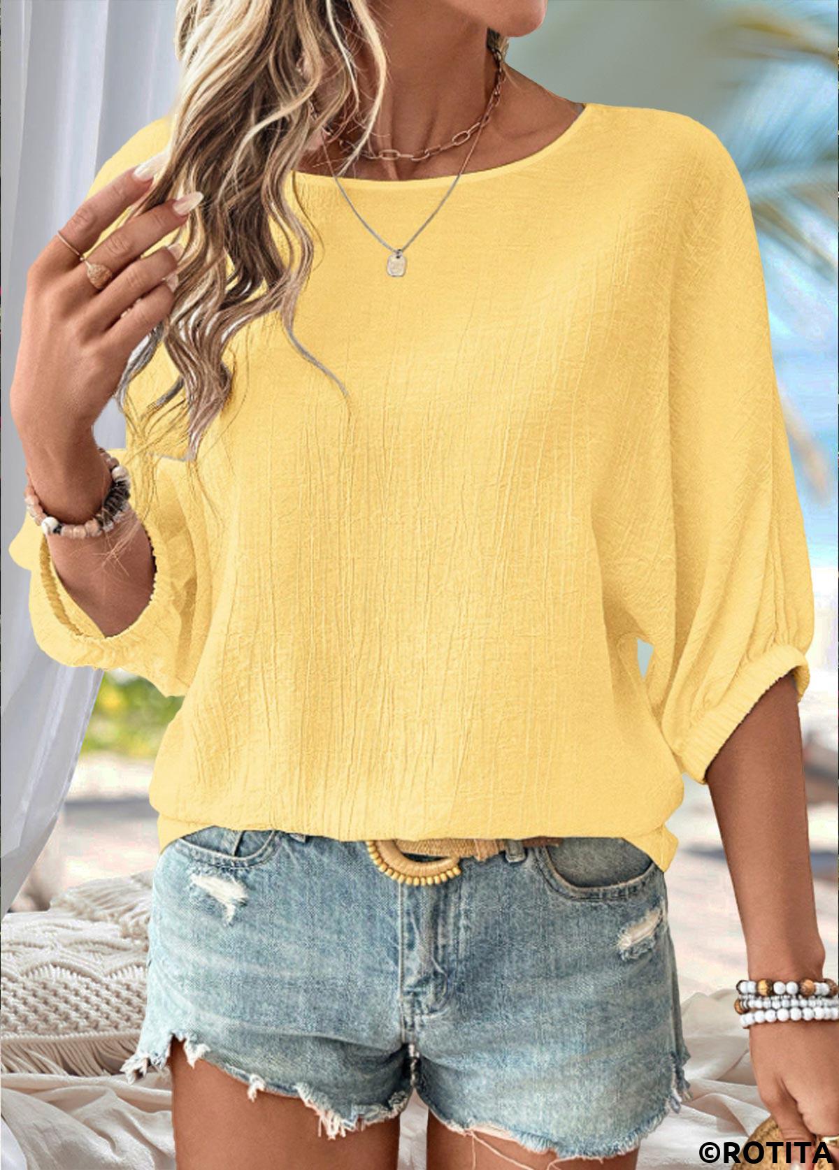 Light Yellow tops,Plain Color tops,ROTITA Light Yellow Round Neck 3/4 Sleeve Blouse