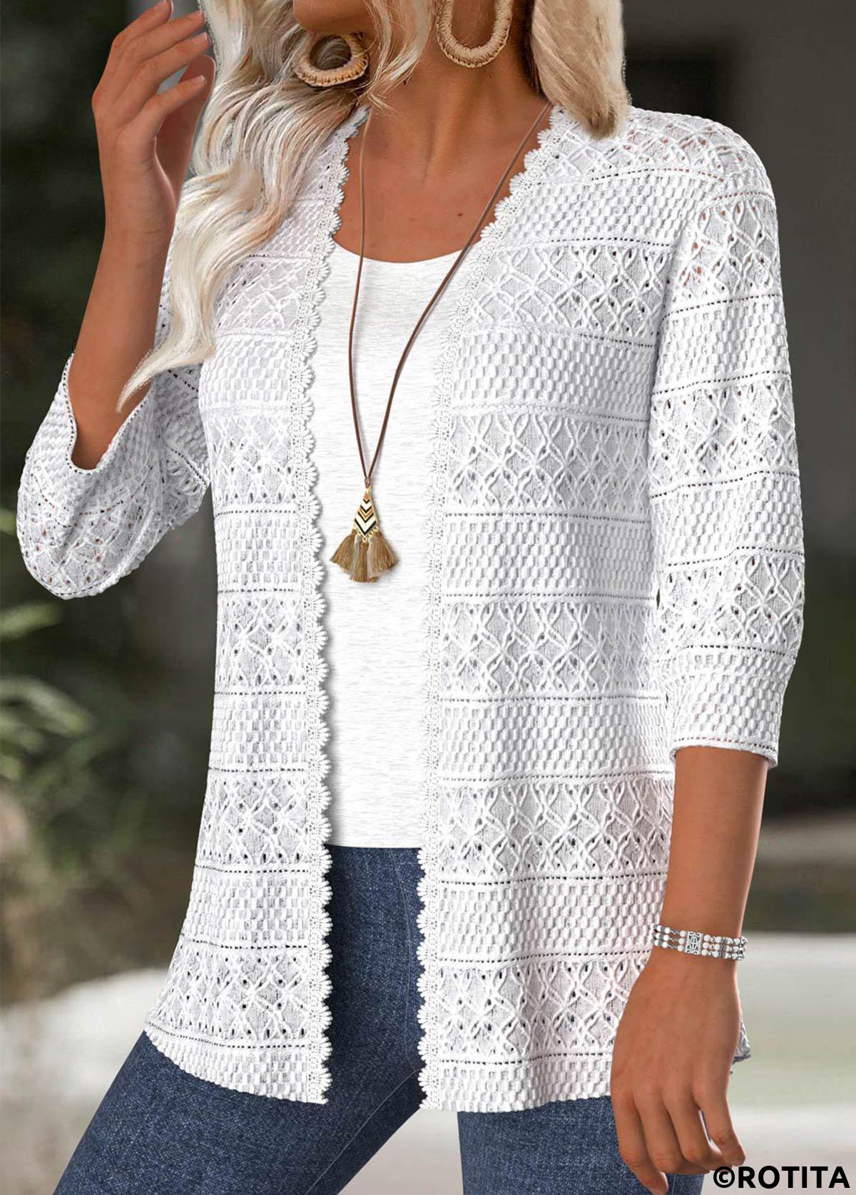 White tops,Plain Color tops,ROTITA White Texture 3/4 Sleeve Light Cardigan