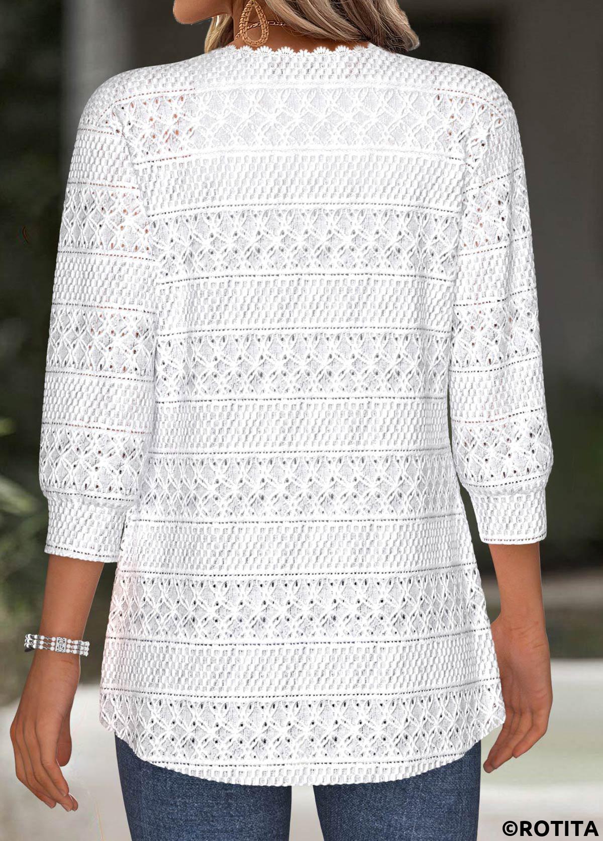 White tops,Plain Color tops,ROTITA White Texture 3/4 Sleeve Light Cardigan