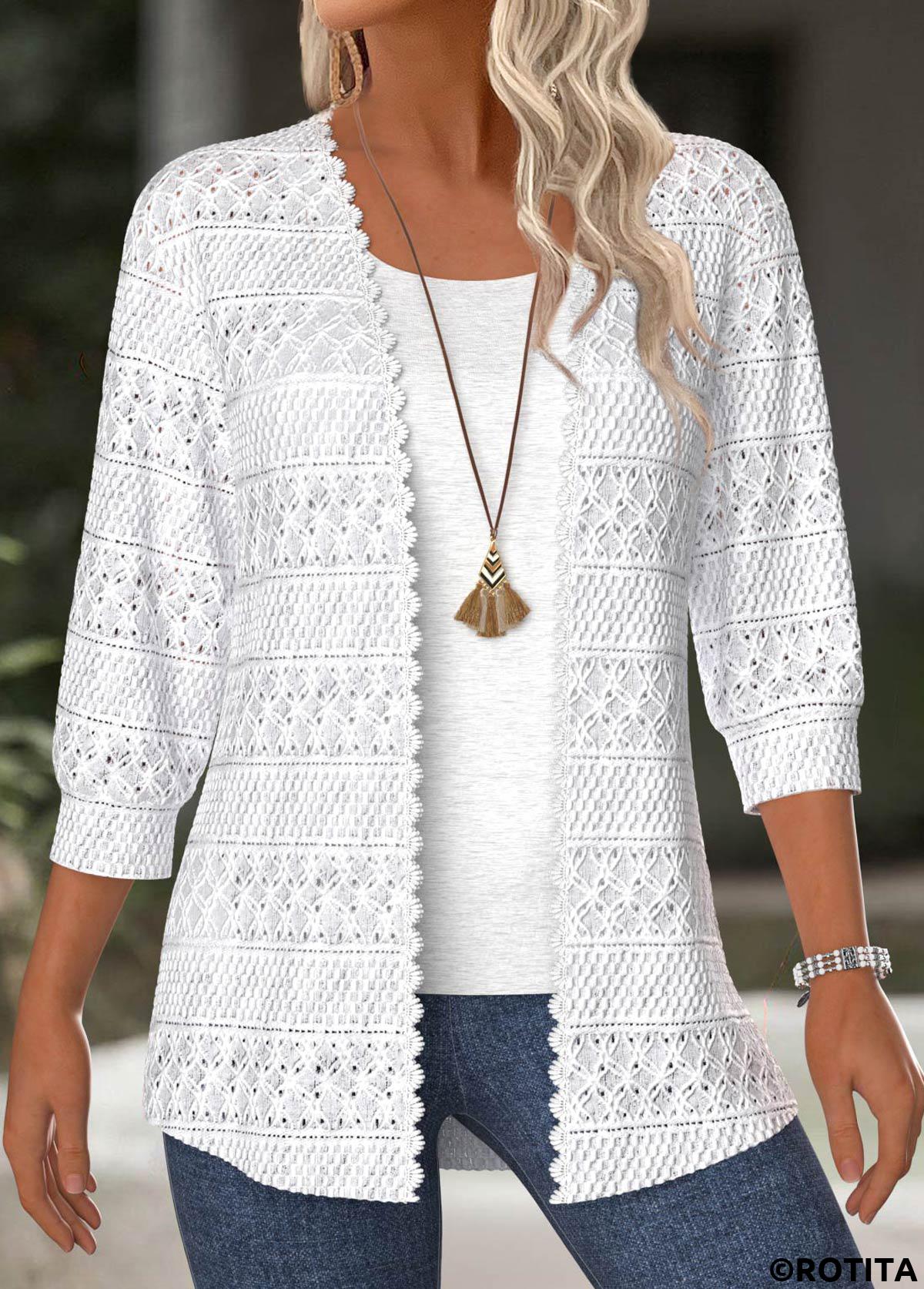 White tops,Plain Color tops,ROTITA White Texture 3/4 Sleeve Light Cardigan