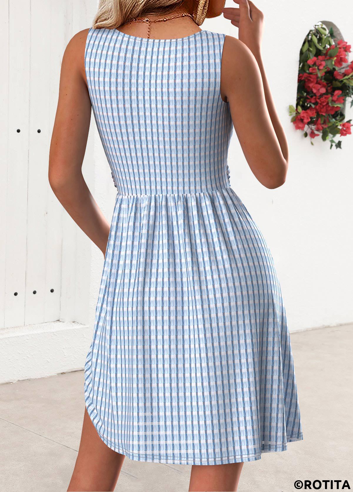 Dusty Blue dresses,Plain Color dresses,Everyday dresses,Casual dresses,ROTITA Dusty Blue Short Round Neck Sleeveless Dress