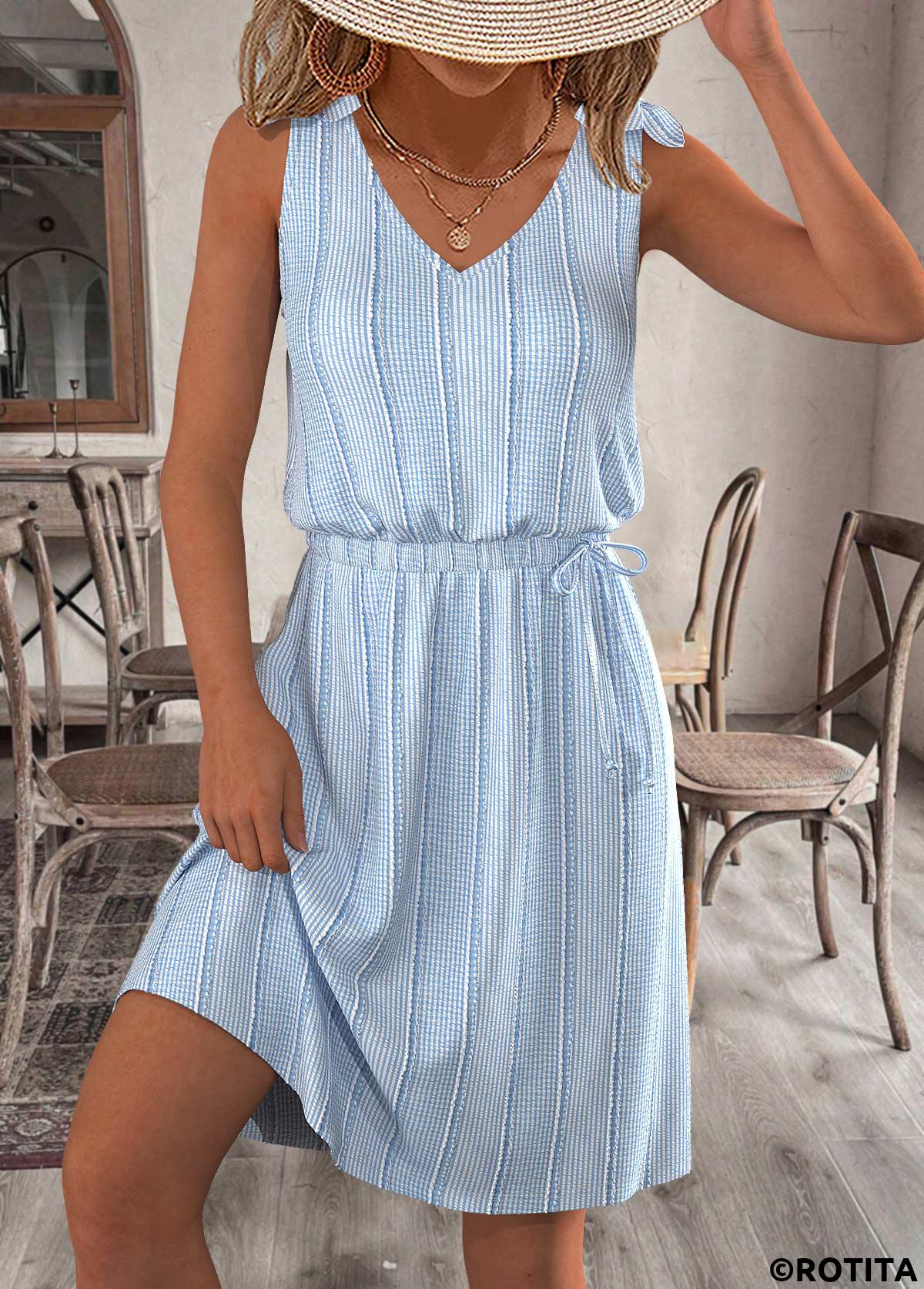 Light Blue dresses,Plain Color dresses,Everyday dresses,Casual dresses,ROTITA Light Blue Short V Neck Sleeveless Dress