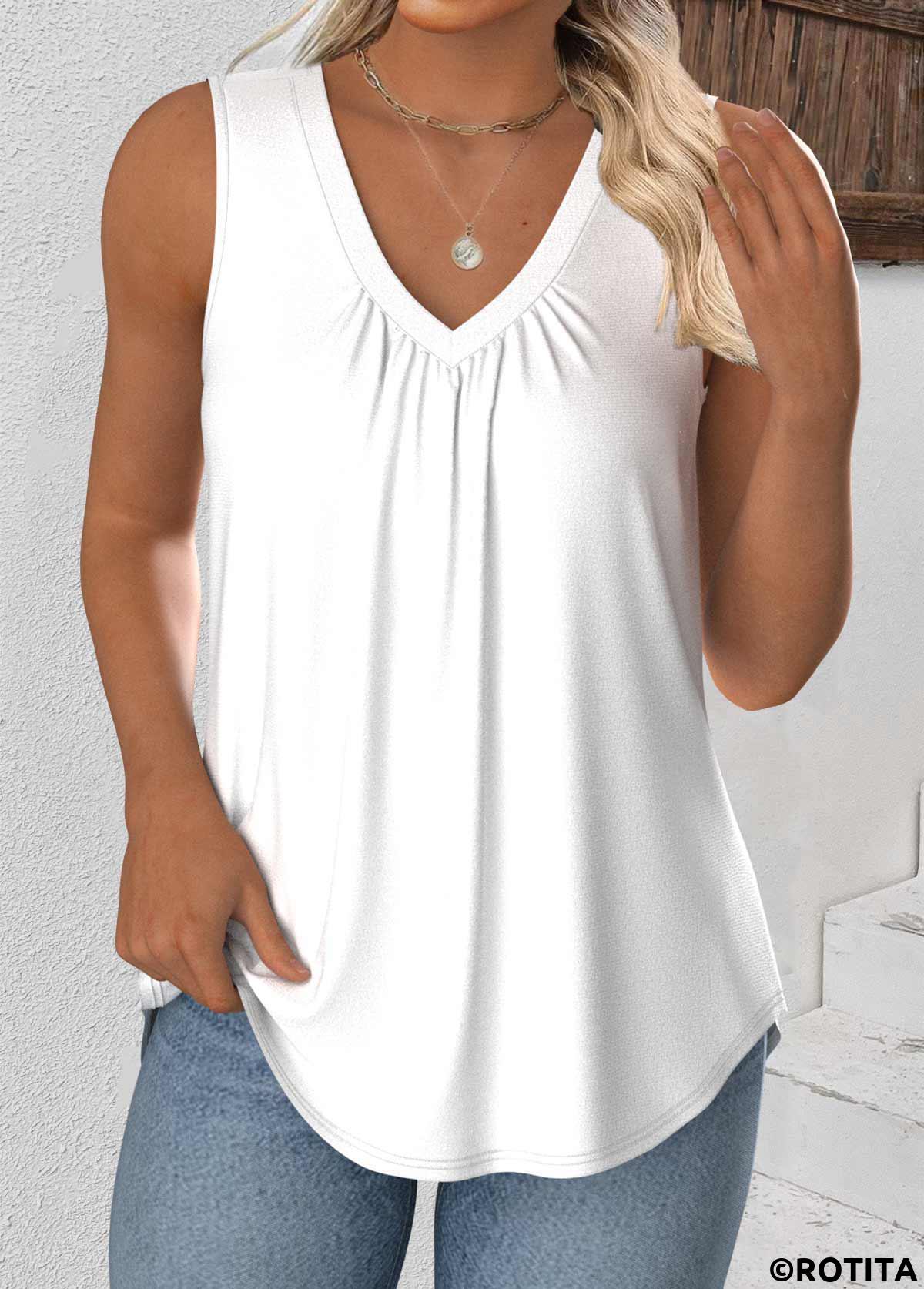 White tops,Plain Color tops,ROTITA White V Neck Sleeveless Tank Top